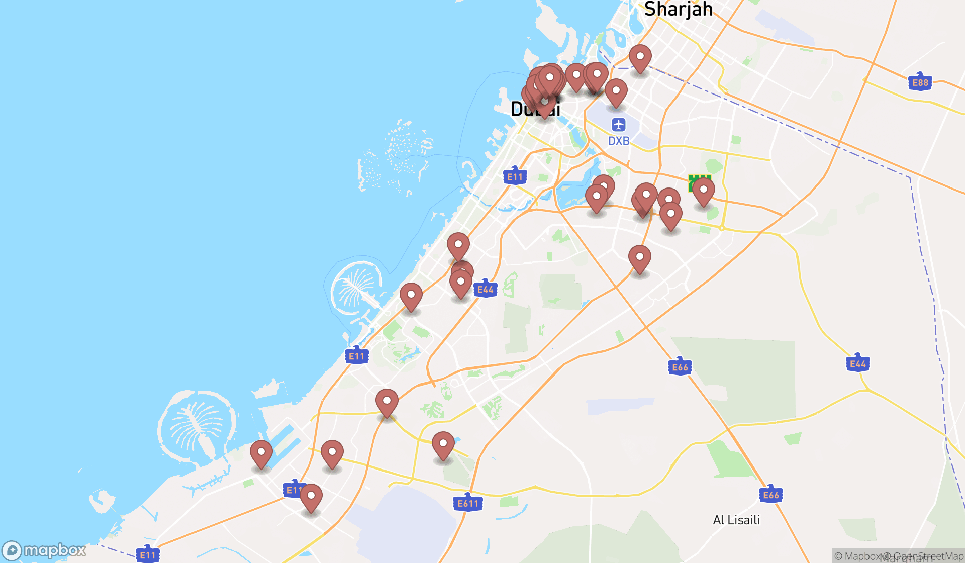 Map showing the search results in Dubai