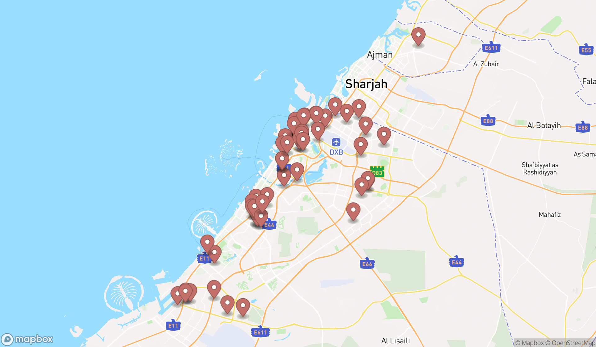 Map showing the search results in Dubai