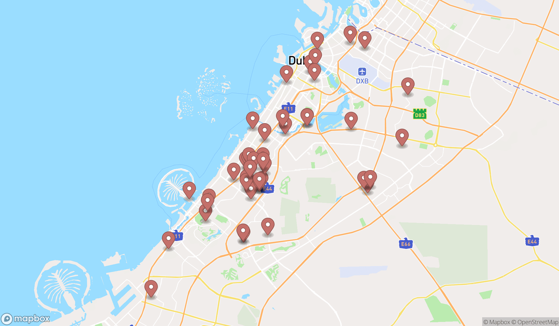 Map showing the search results in Dubai