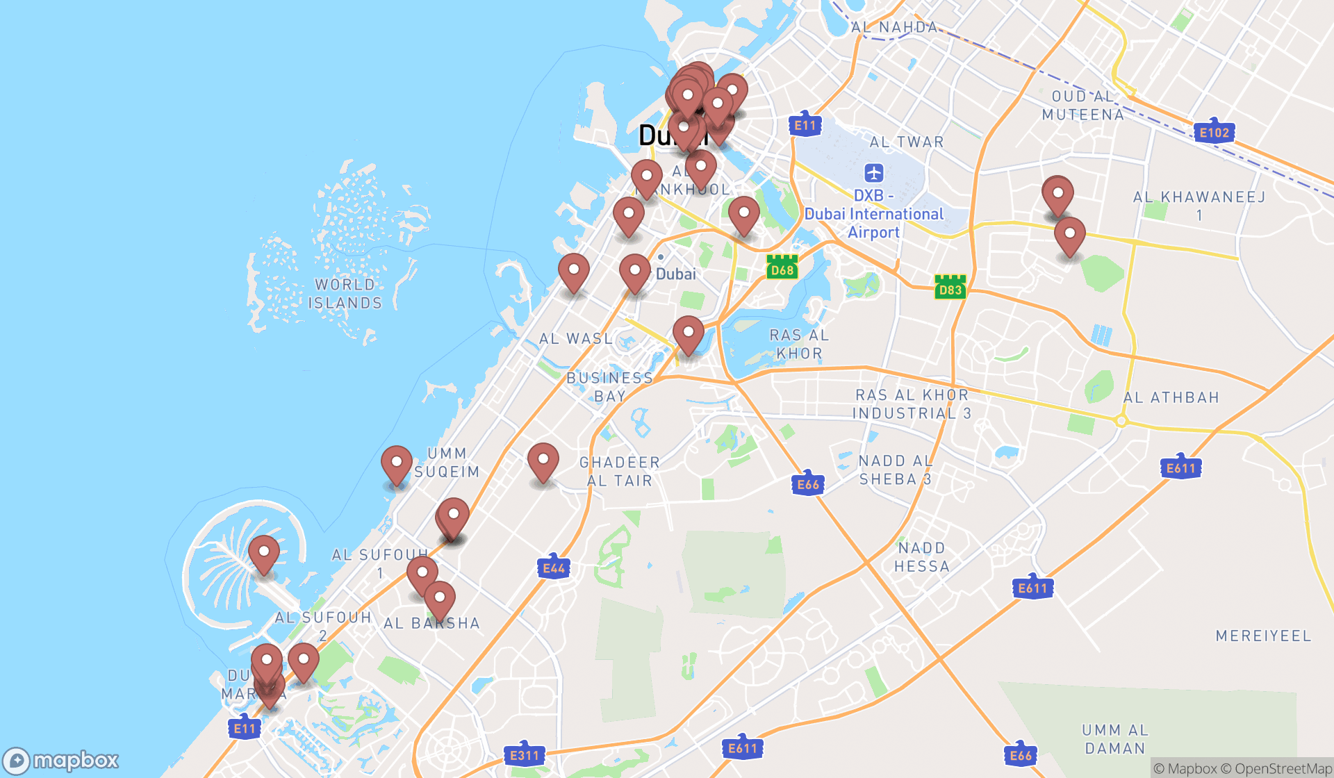 Map showing the search results in Dubai