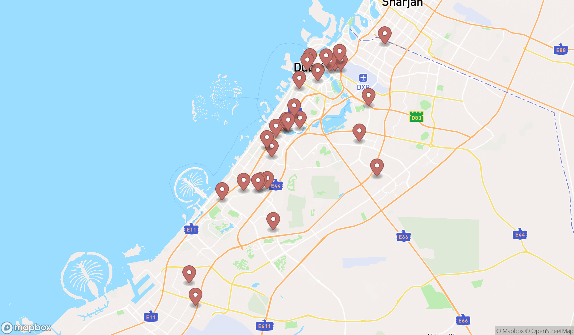 Map showing the search results in Dubai
