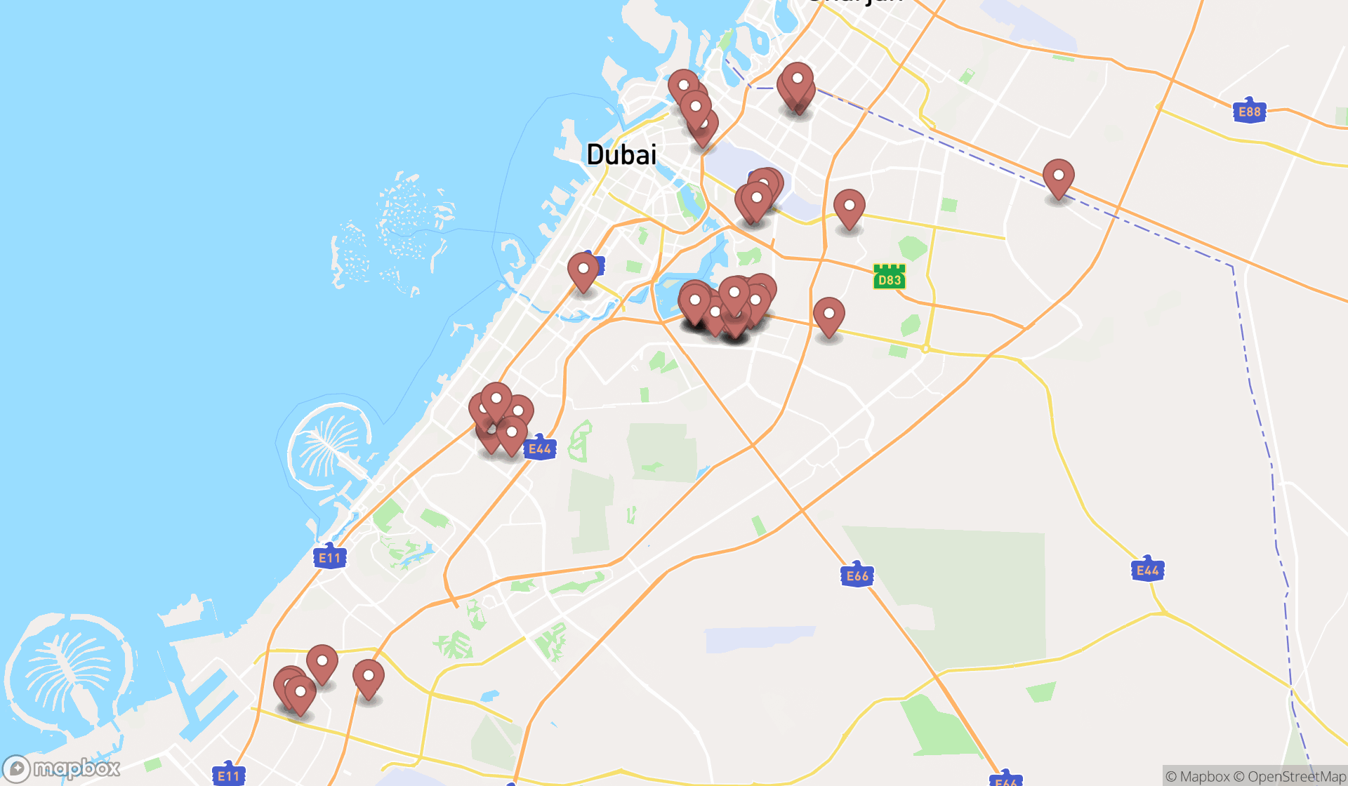 Map showing the search results in Dubai