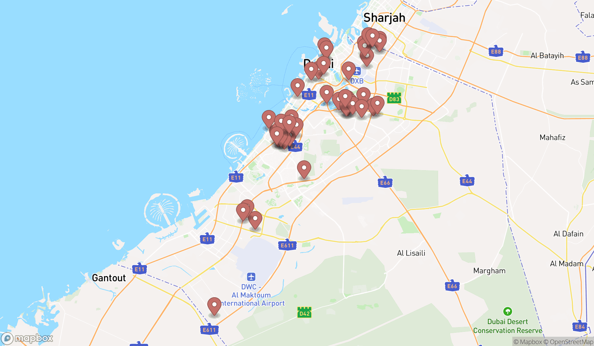 Map showing the search results in Dubai