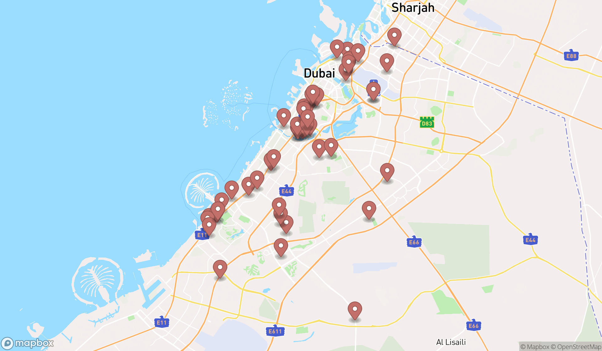 Map showing the search results in Dubai