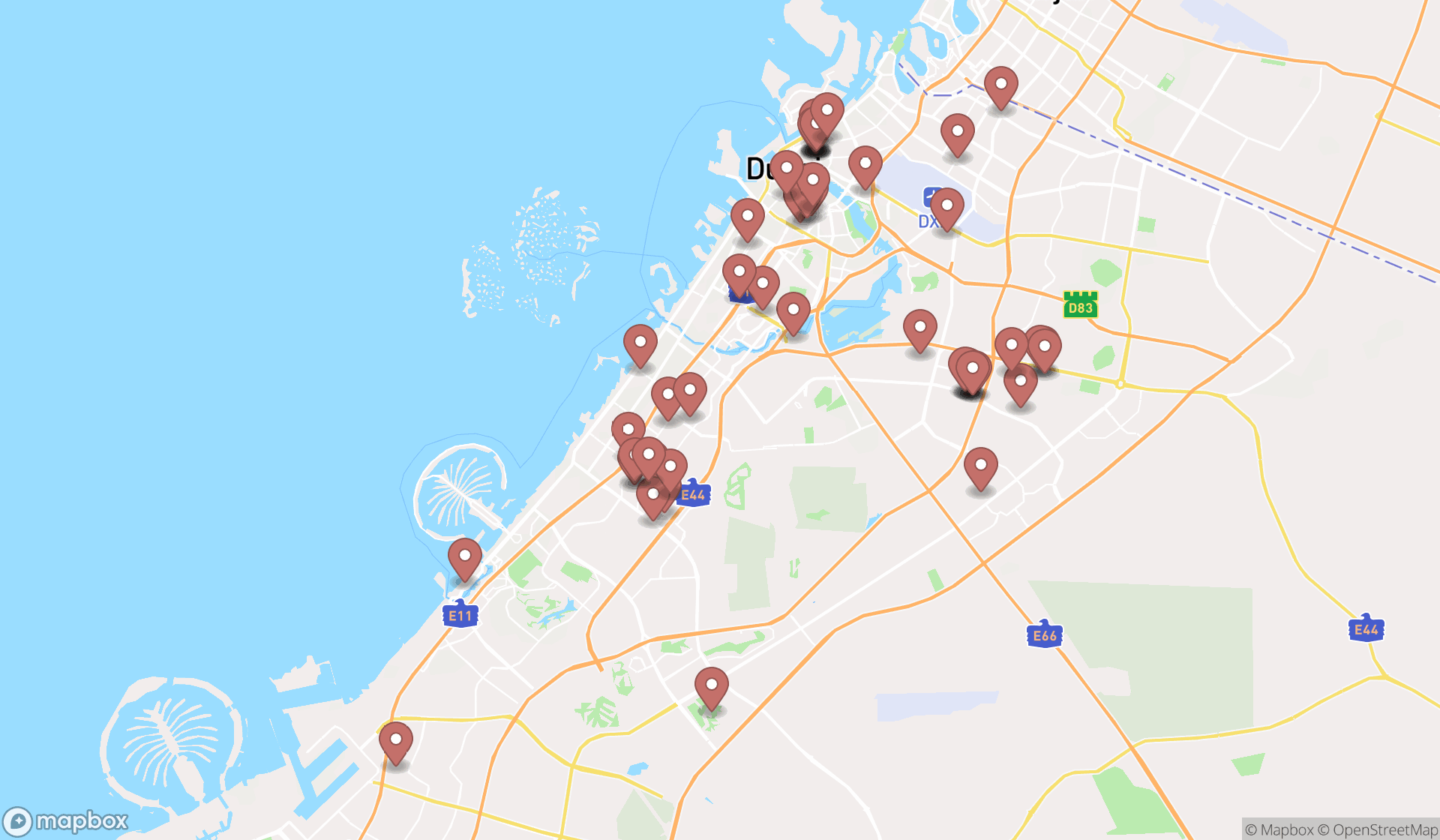 Map showing the search results in Dubai