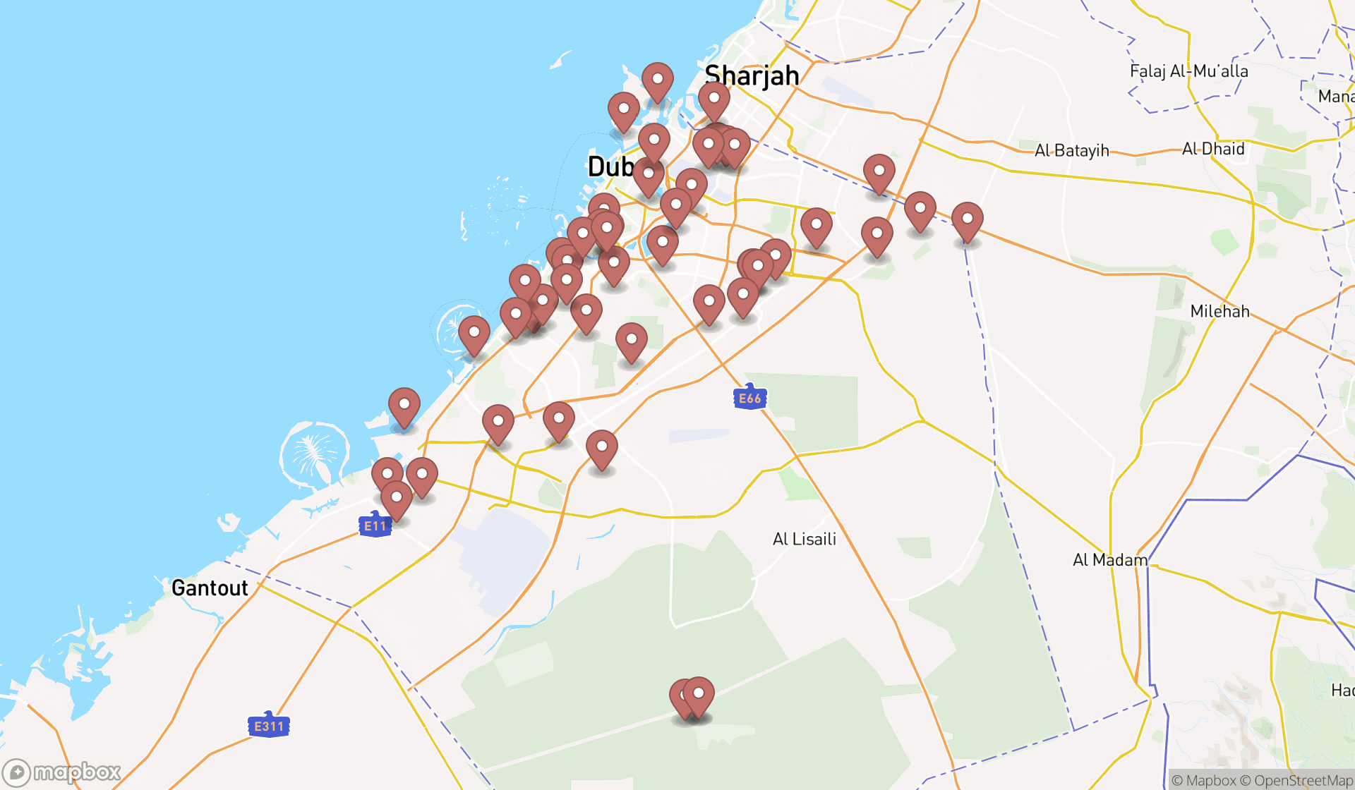 Map showing the search results in Dubai
