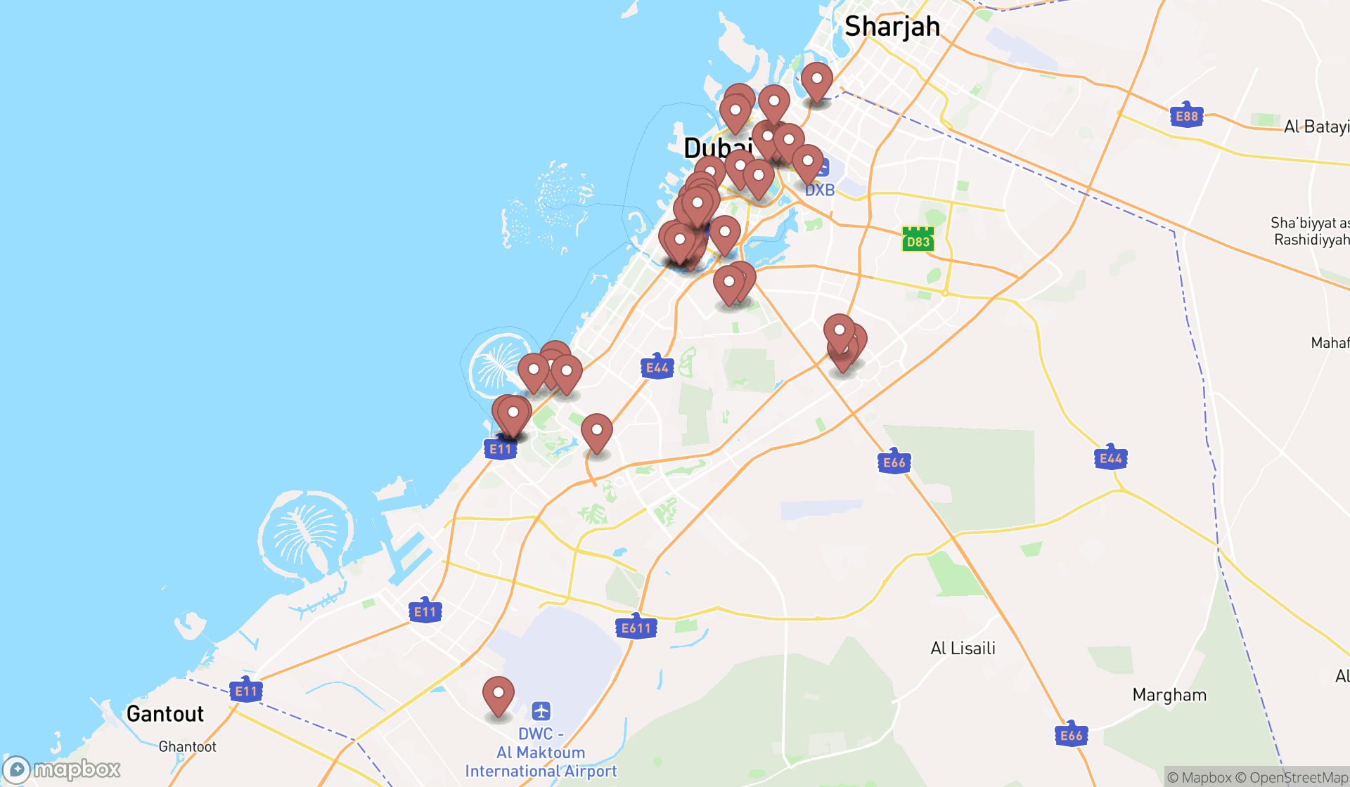 Map showing the search results in Dubai