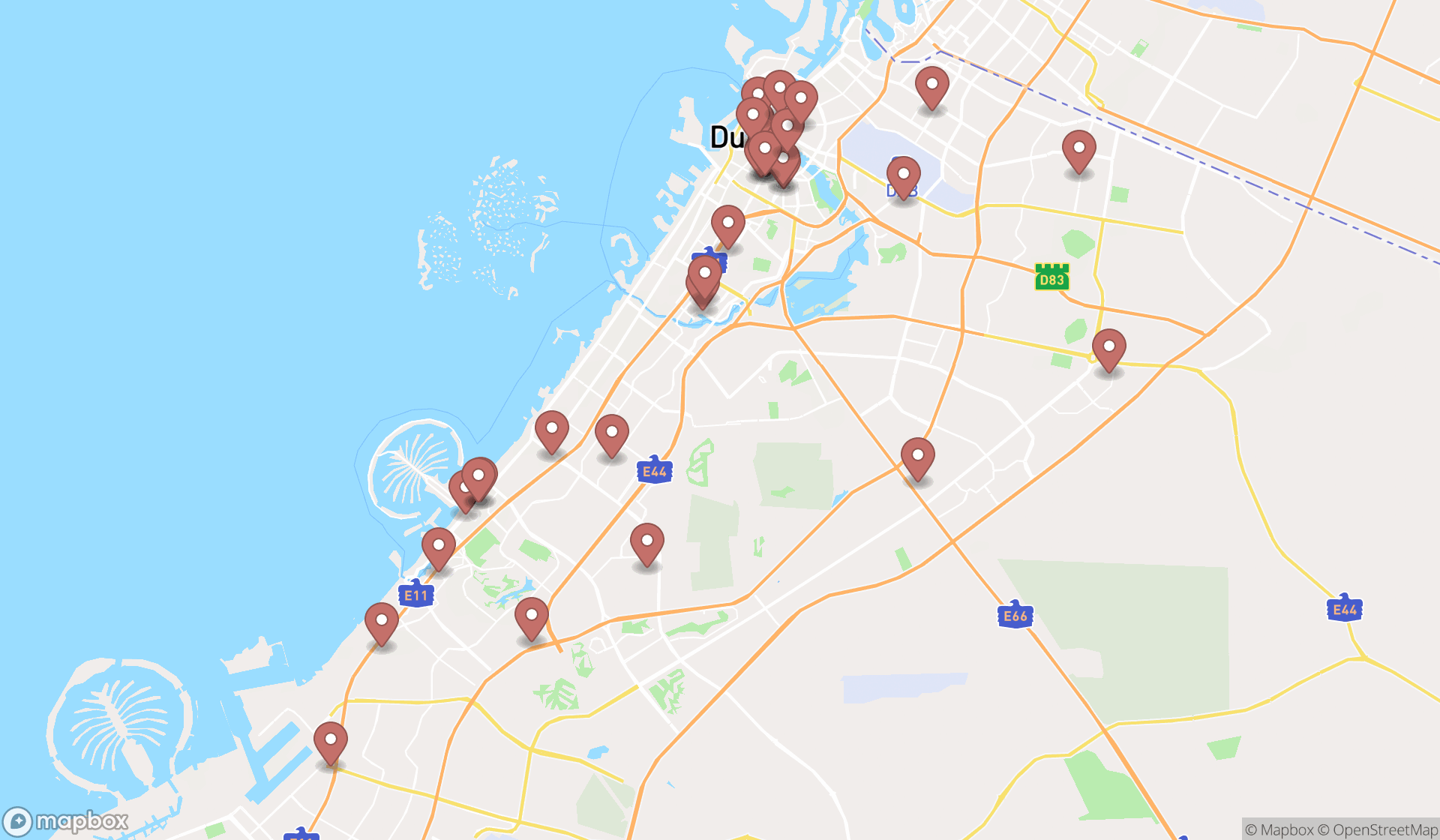 Map showing the search results in Dubai