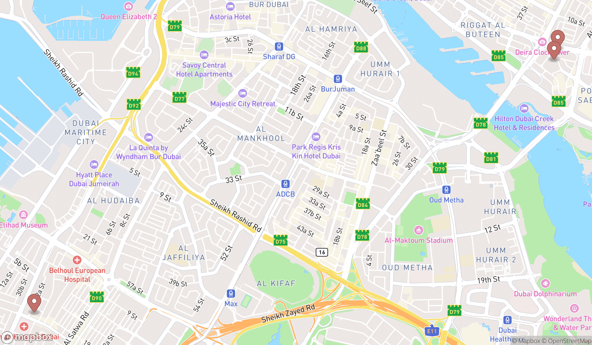 Map showing the search results in Dubai