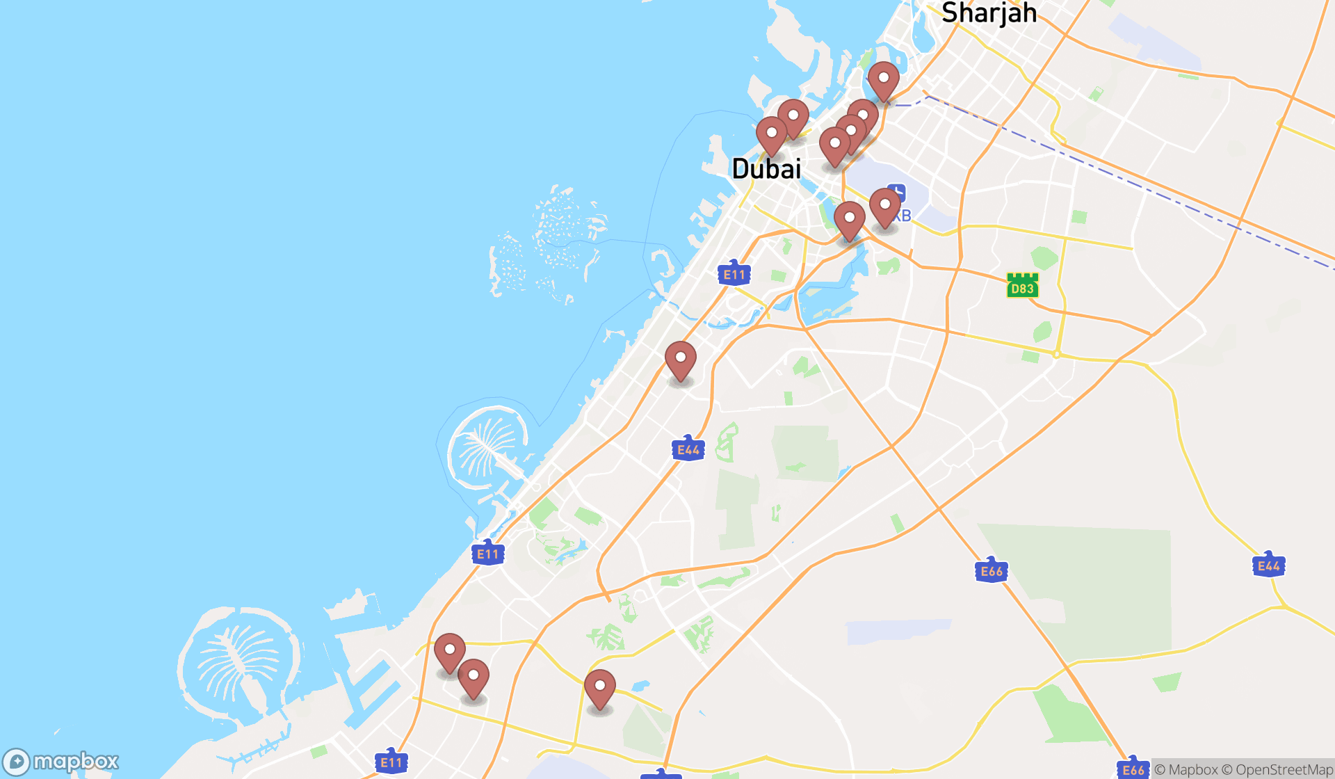 Map showing the search results in Dubai