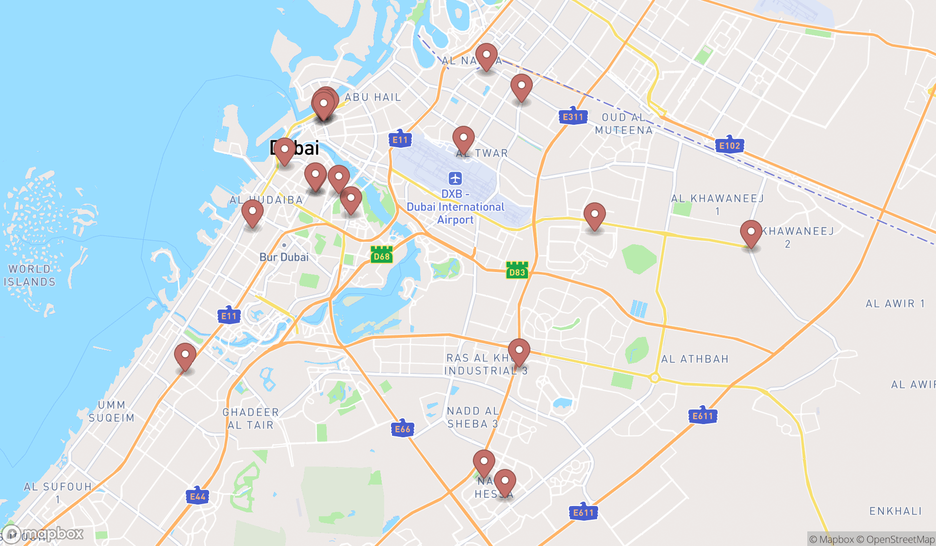 Map showing the search results in Dubai