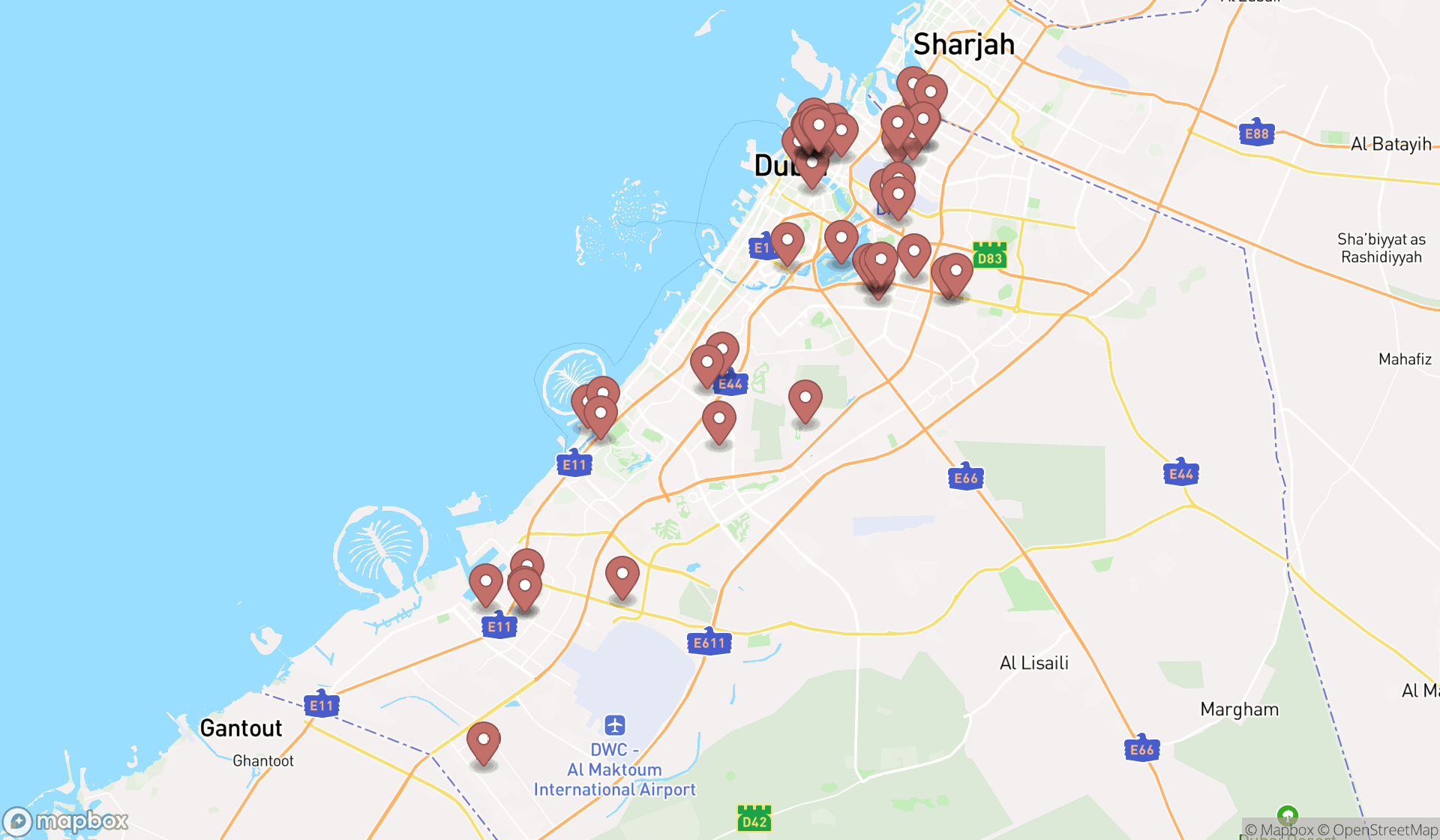 Map showing the search results in Dubai