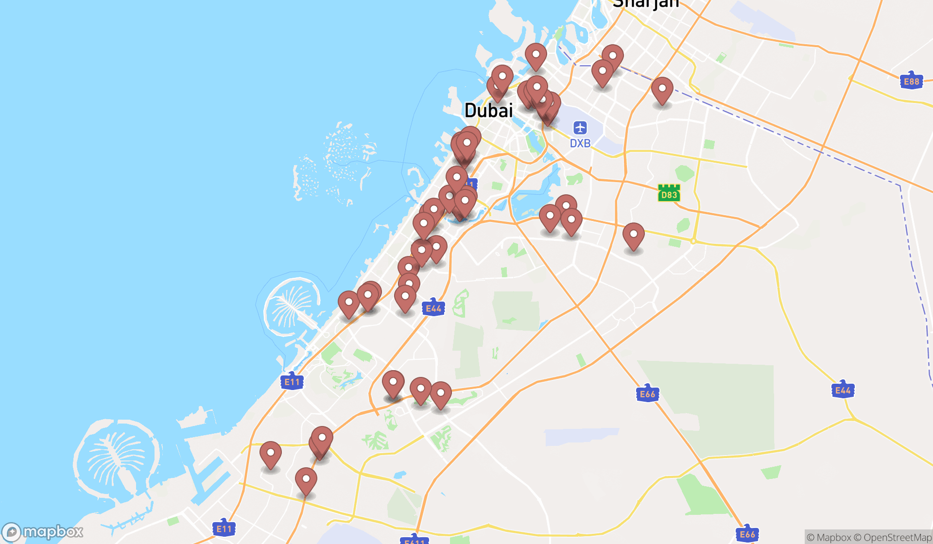 Map showing the search results in Dubai