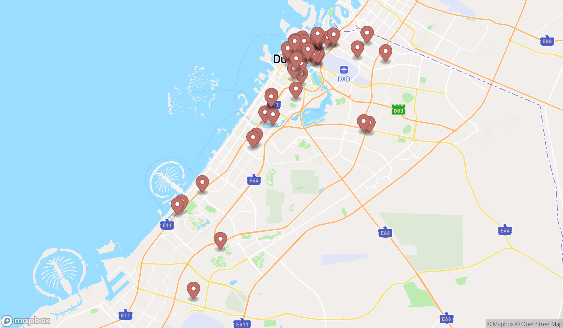Map showing the search results in Dubai