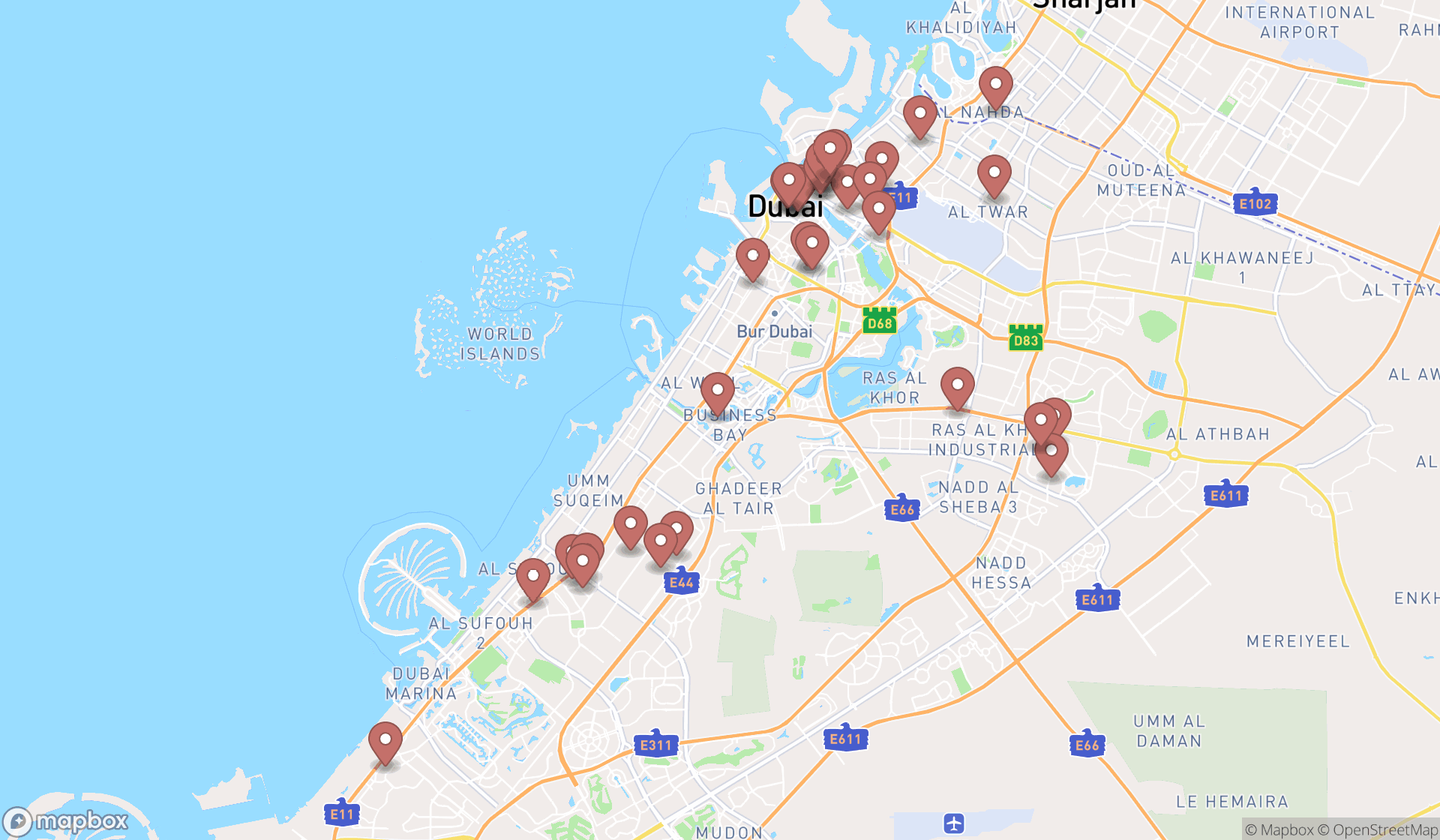 Map showing the search results in Dubai