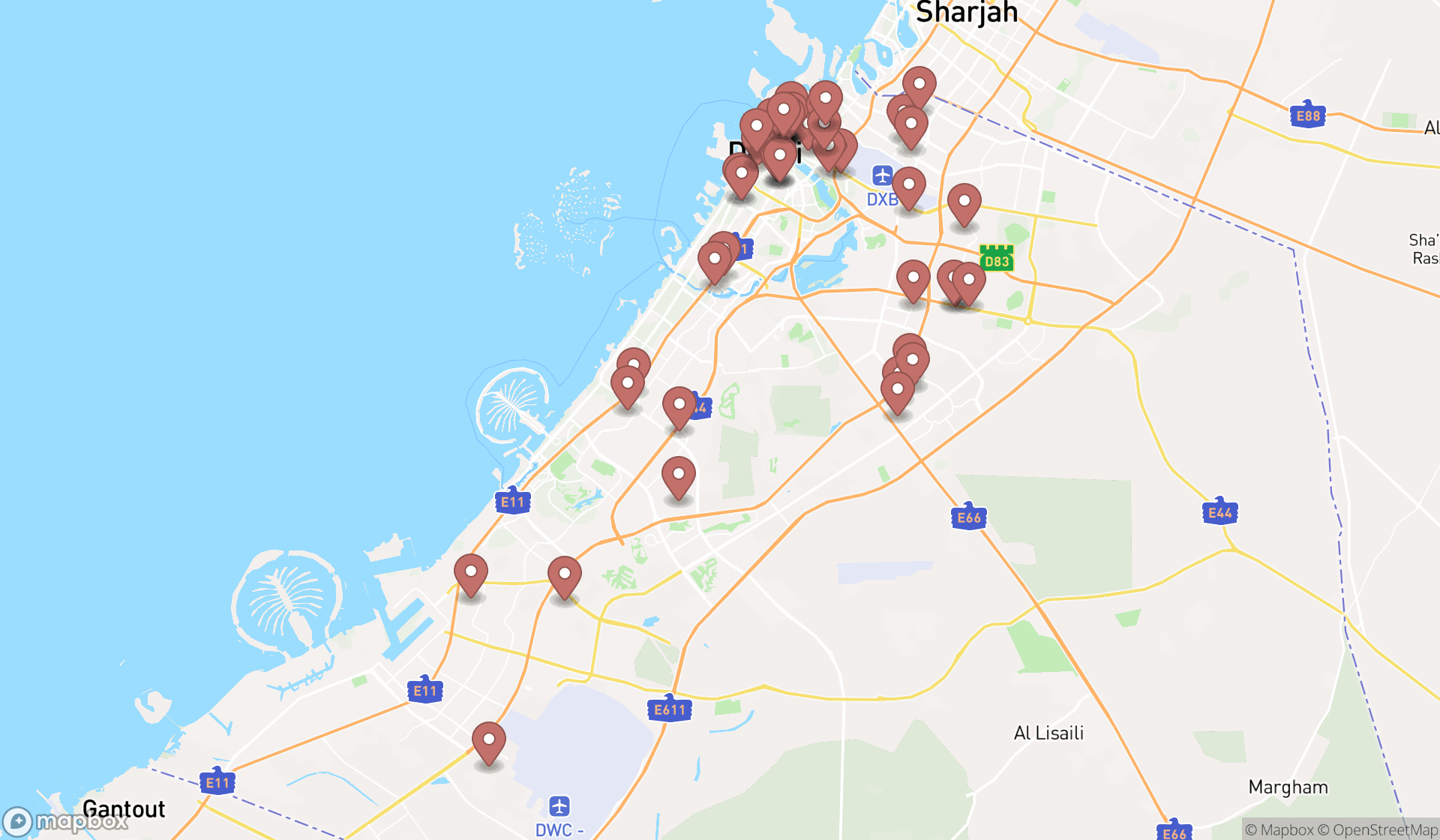 Map showing the search results in Dubai