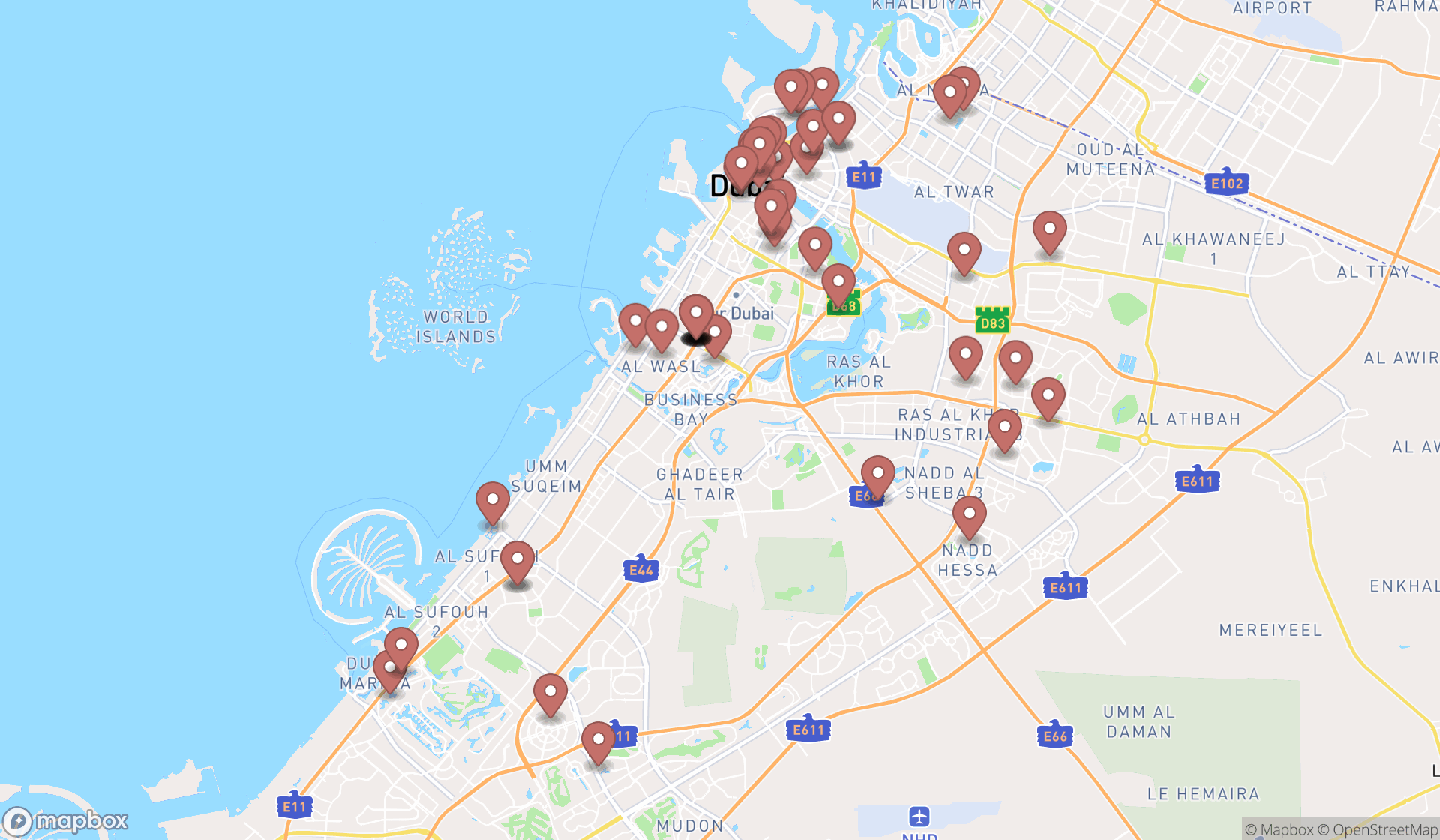 Map showing the search results in Dubai