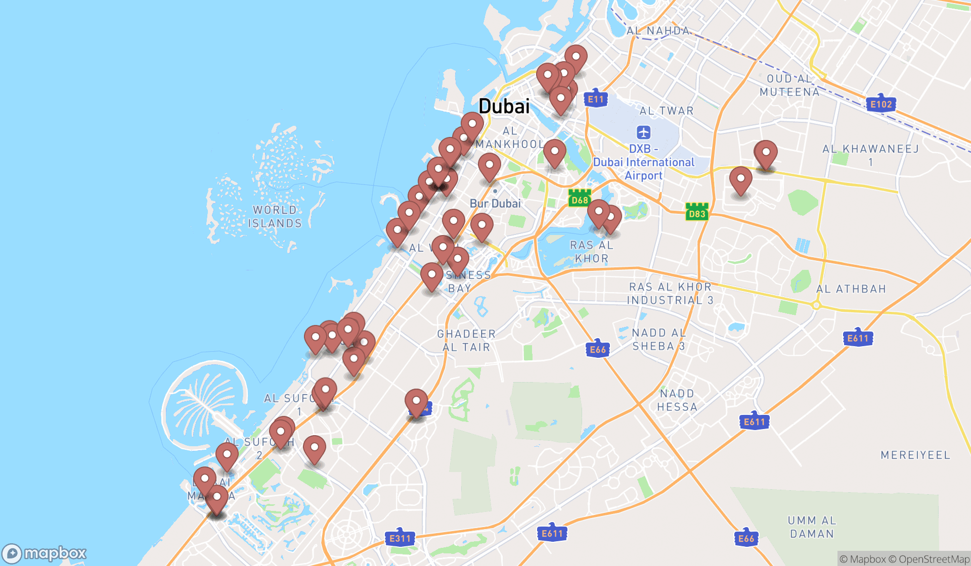 Map showing the search results in Dubai