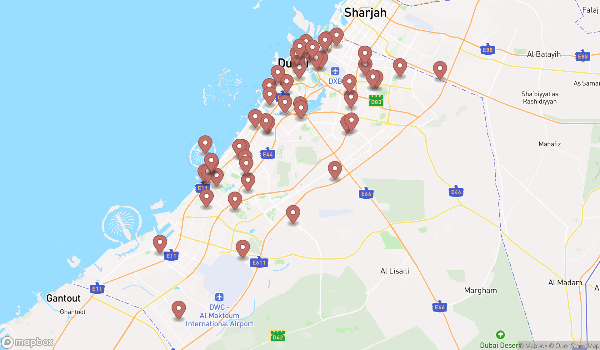 Map showing the search results in Dubai