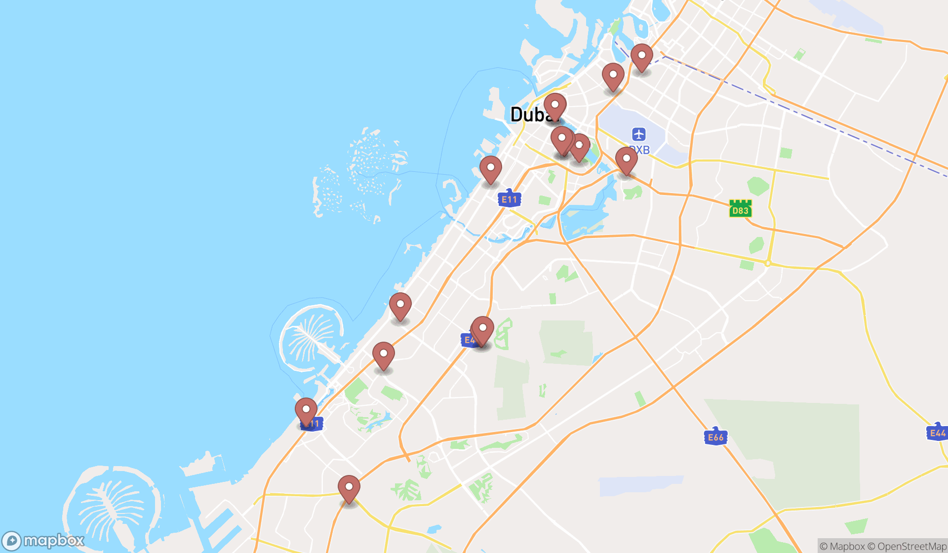 Map showing the search results in Dubai