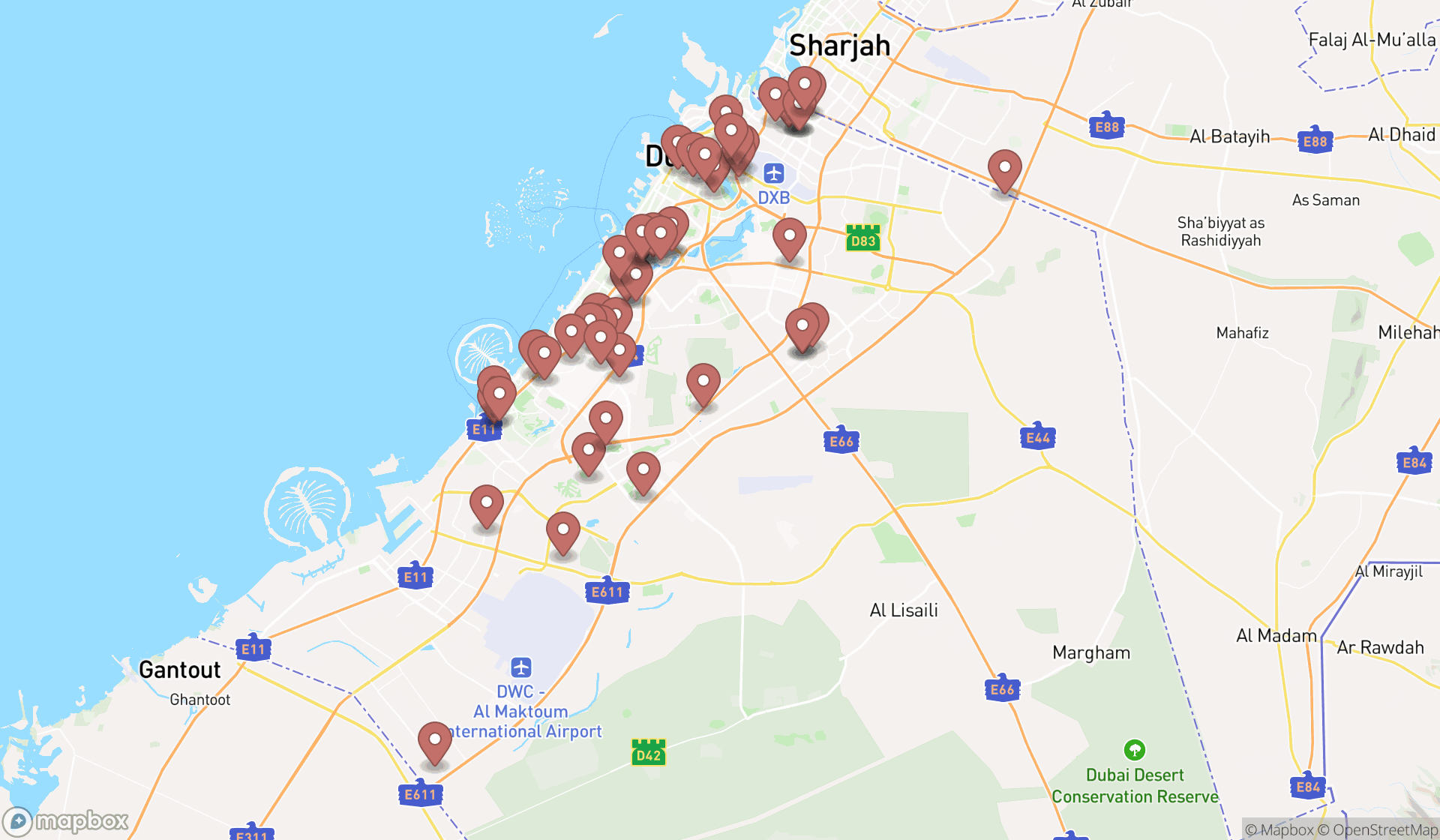 Map showing the search results in Dubai