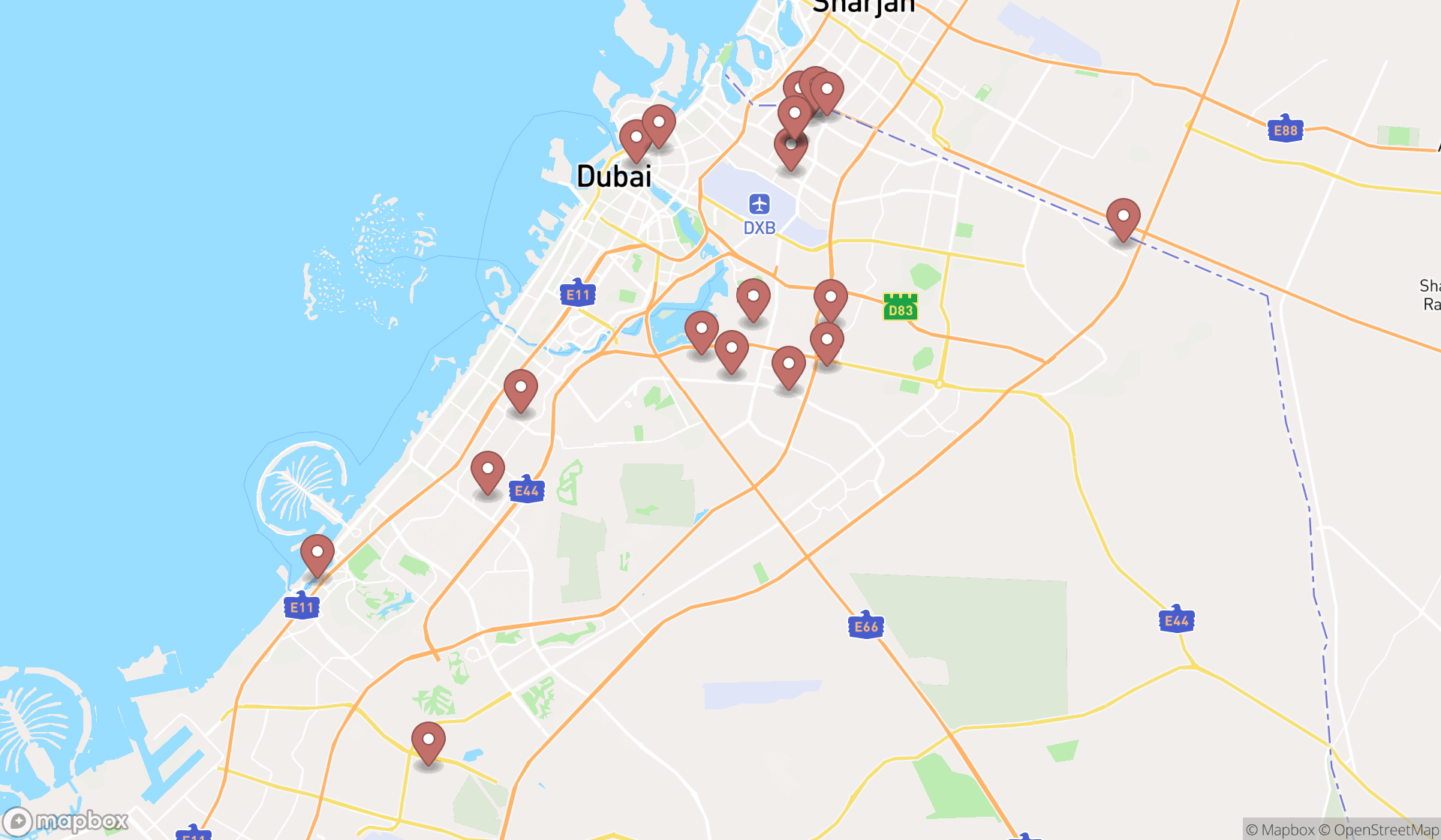 Map showing the search results in Dubai
