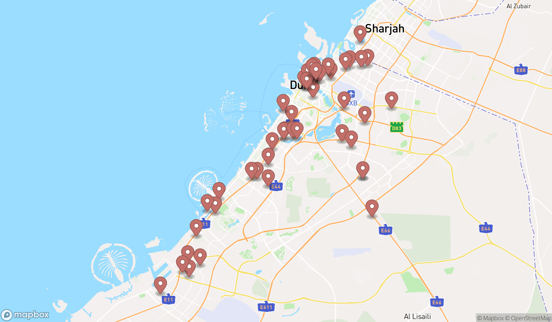 Map showing the search results in Dubai
