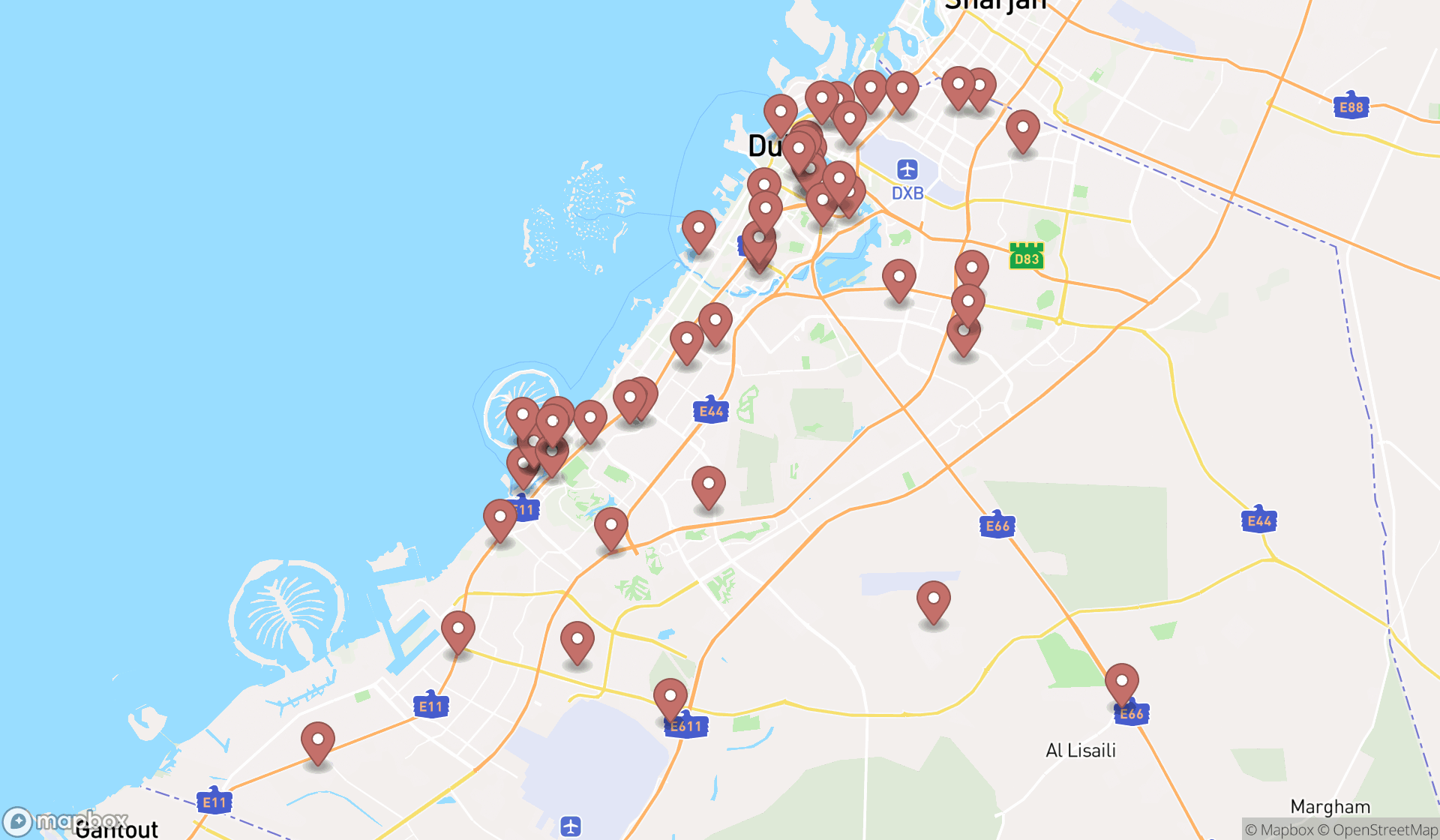 Map showing the search results in Dubai