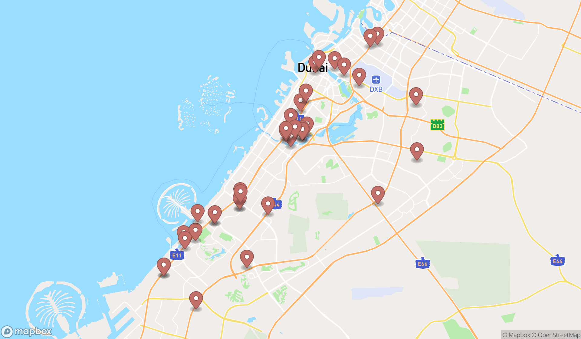 Map showing the search results in Dubai