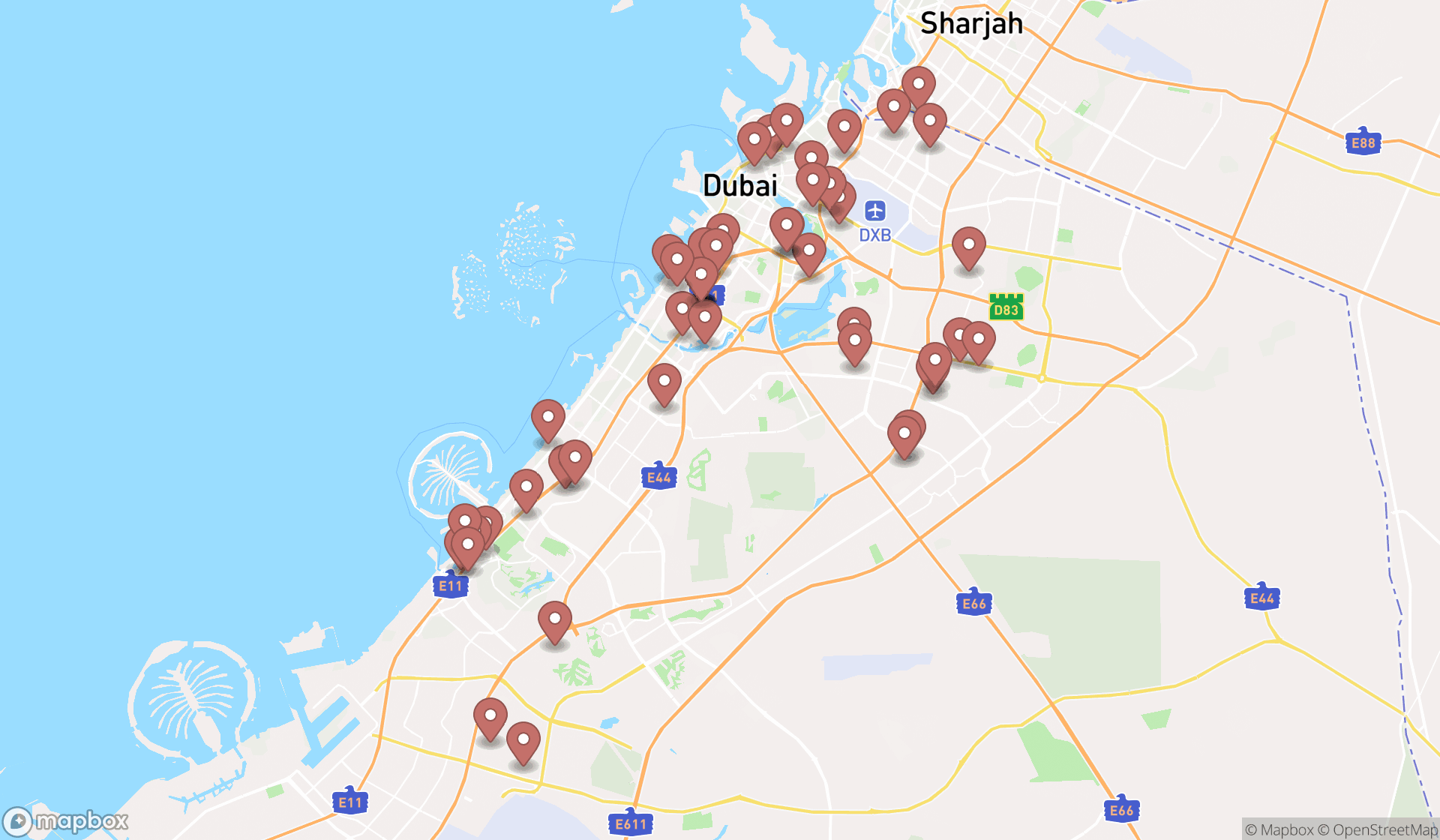 Map showing the search results in Dubai