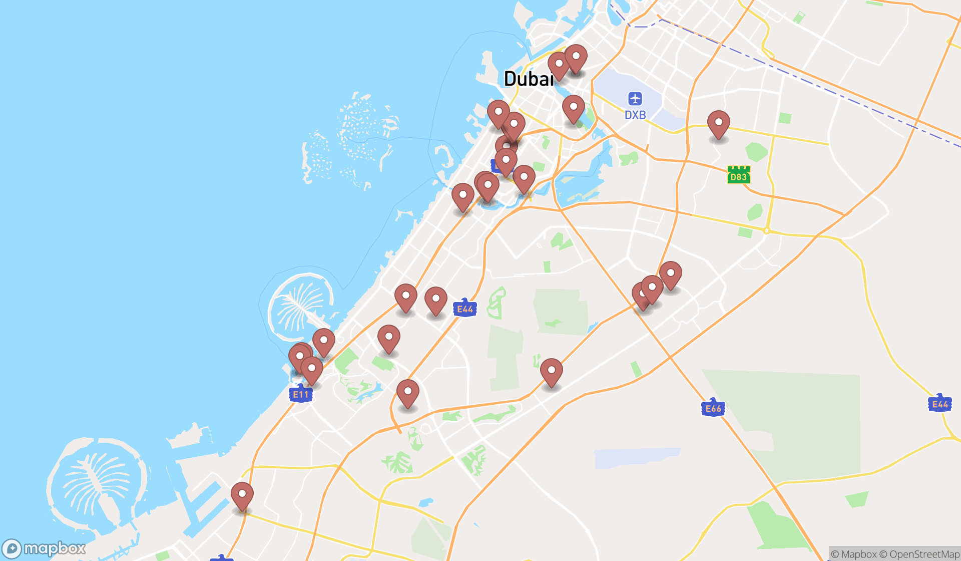 Map showing the search results in Dubai