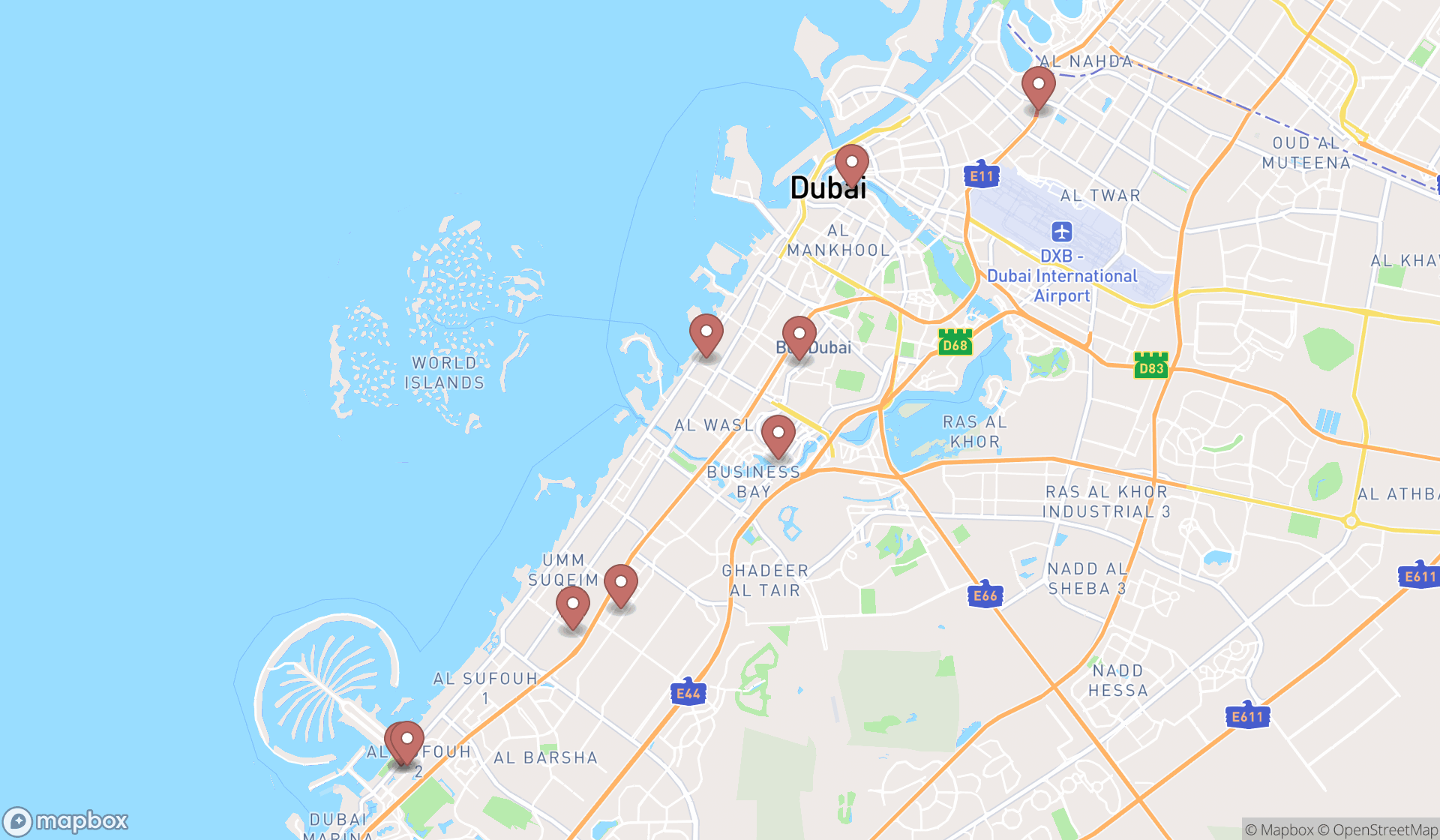 Map showing the search results in Dubai