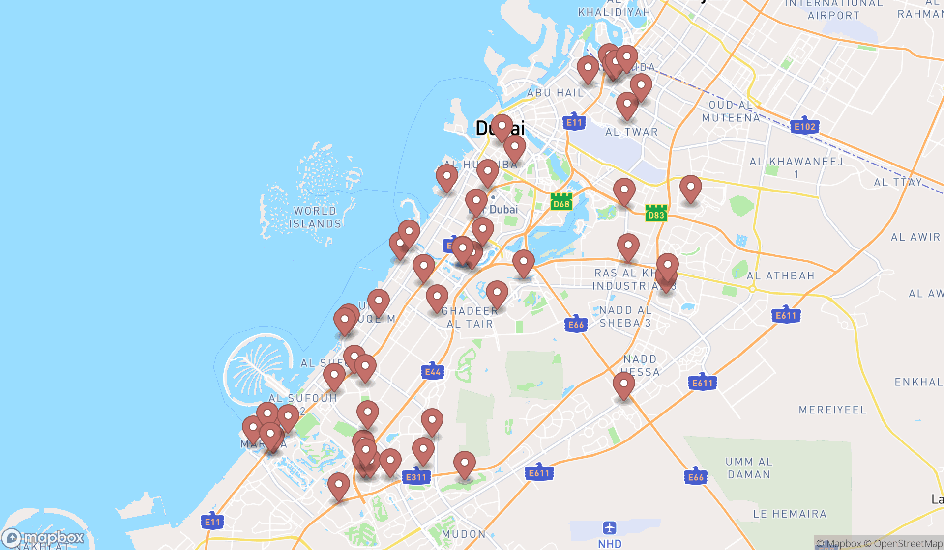 Map showing the search results in Dubai