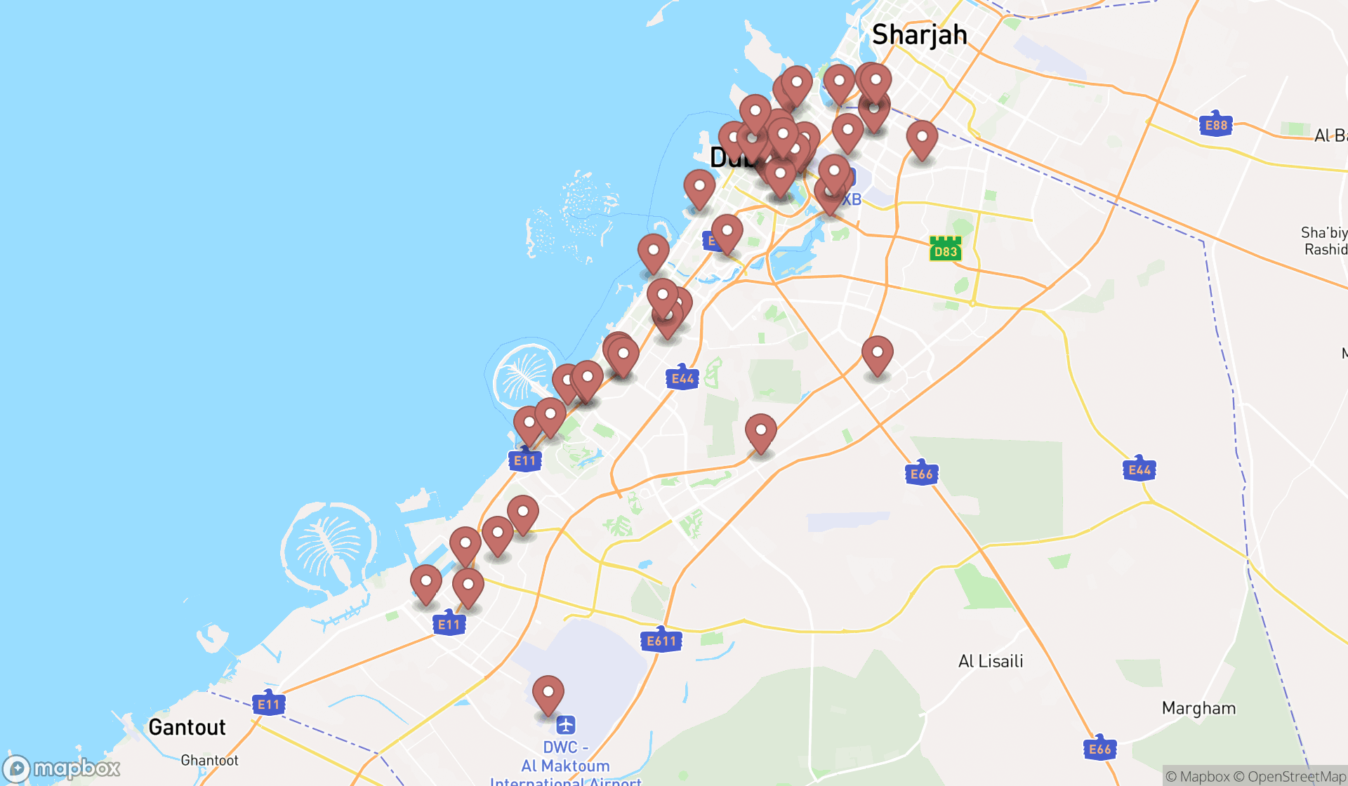 Map showing the search results in Dubai