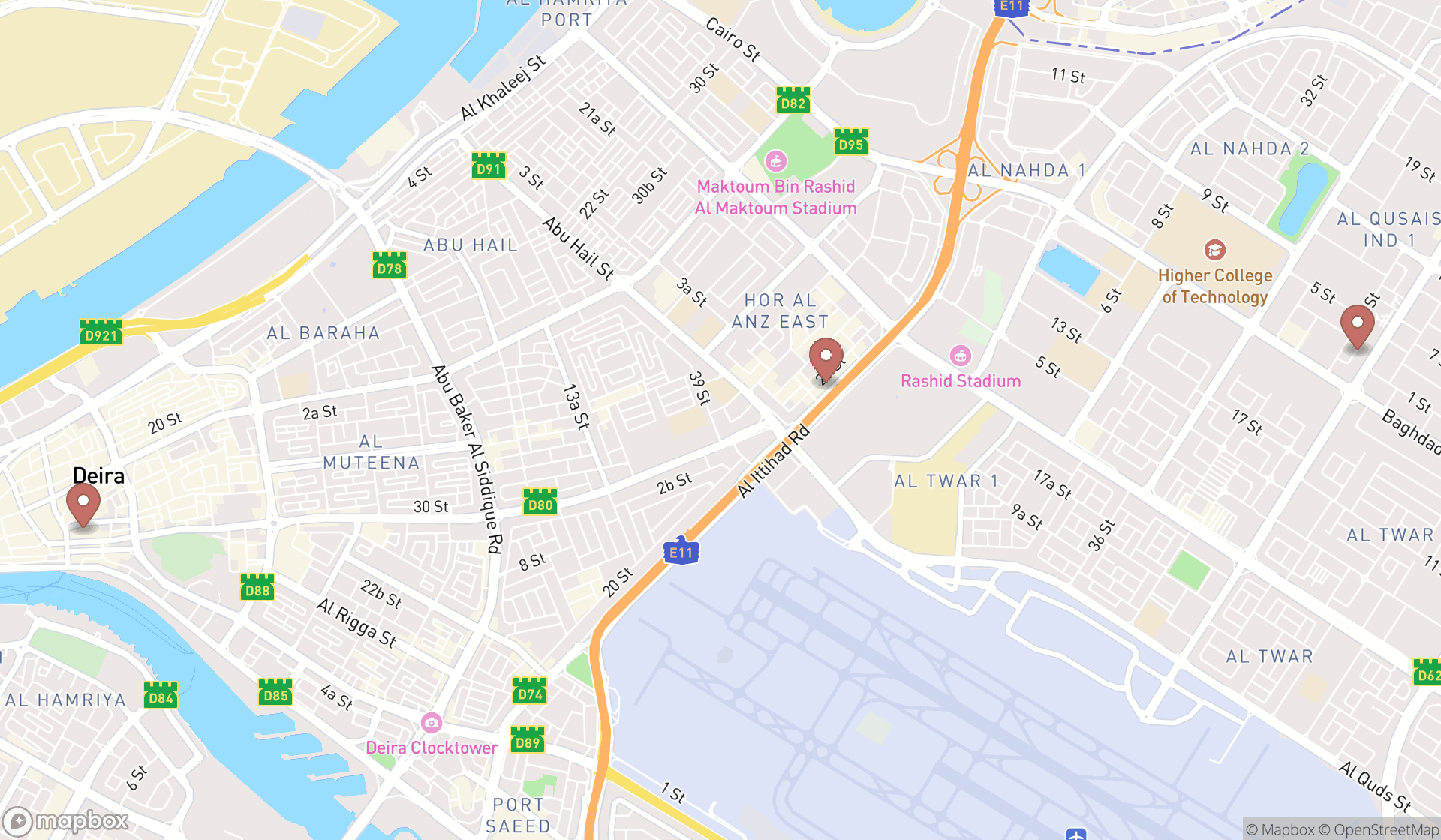 Map showing the search results in Dubai