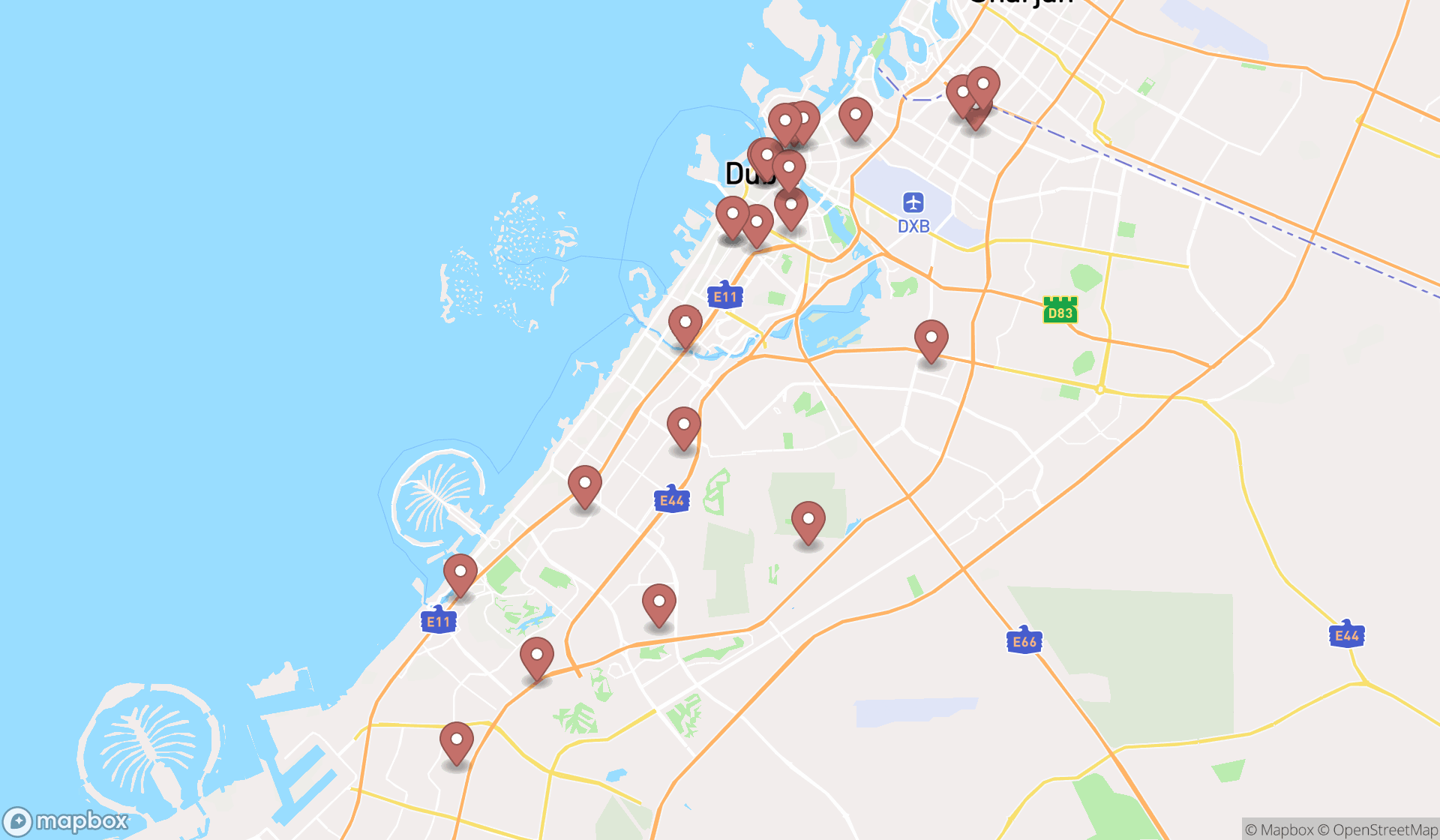 Map showing the search results in Dubai