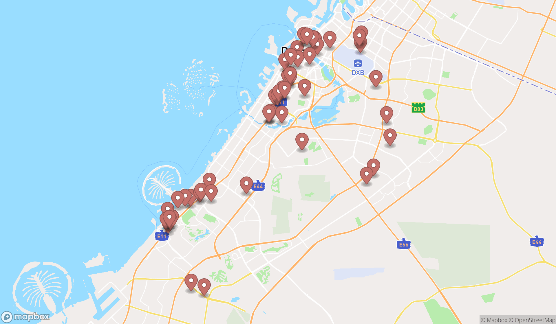 Map showing the search results in Dubai