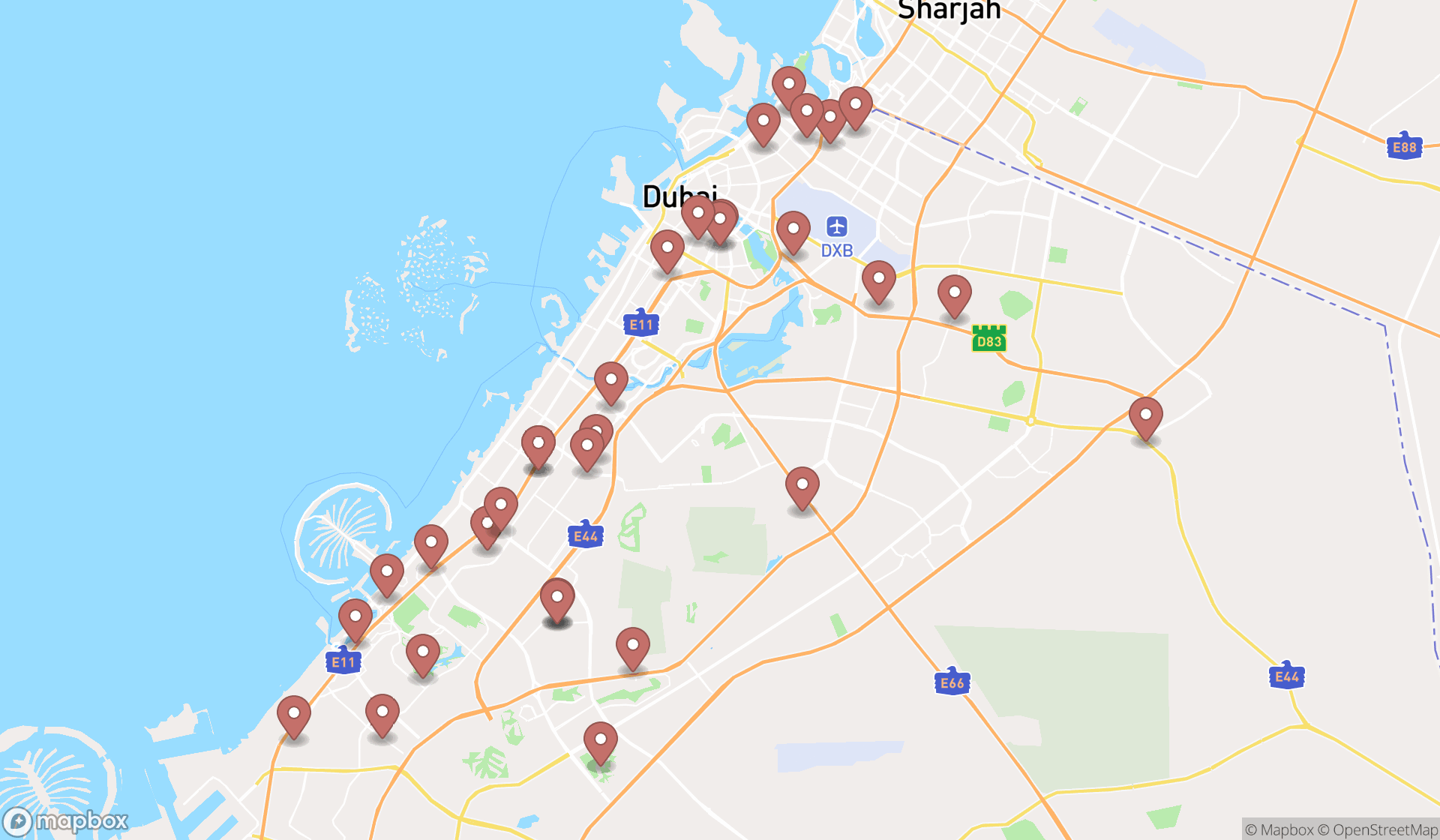 Map showing the search results in Dubai