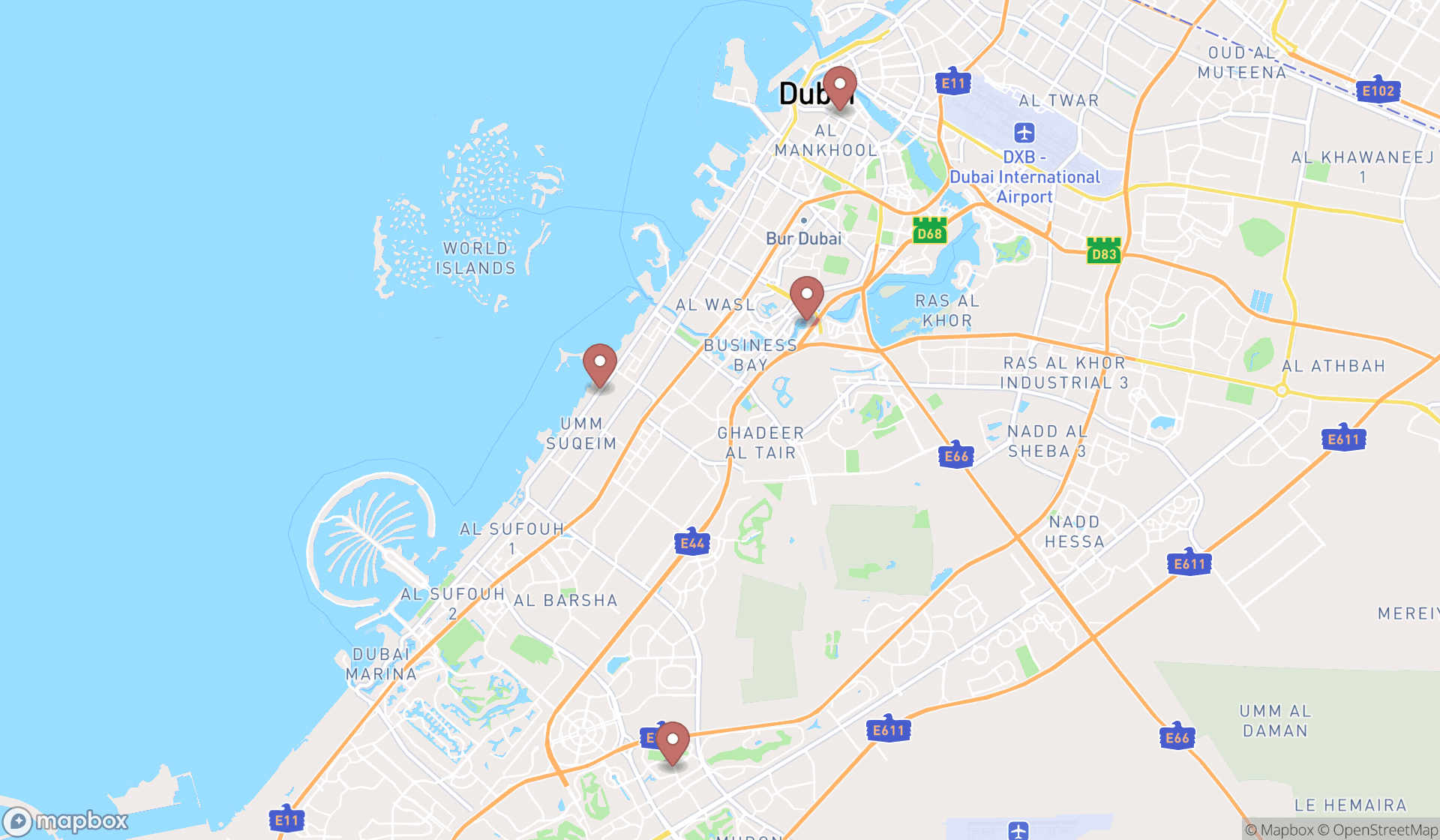 Map showing the search results in Dubai