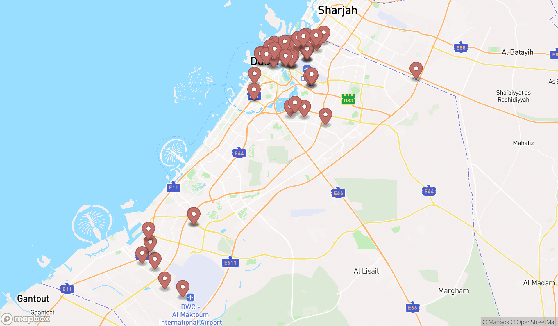 Map showing the search results in Dubai