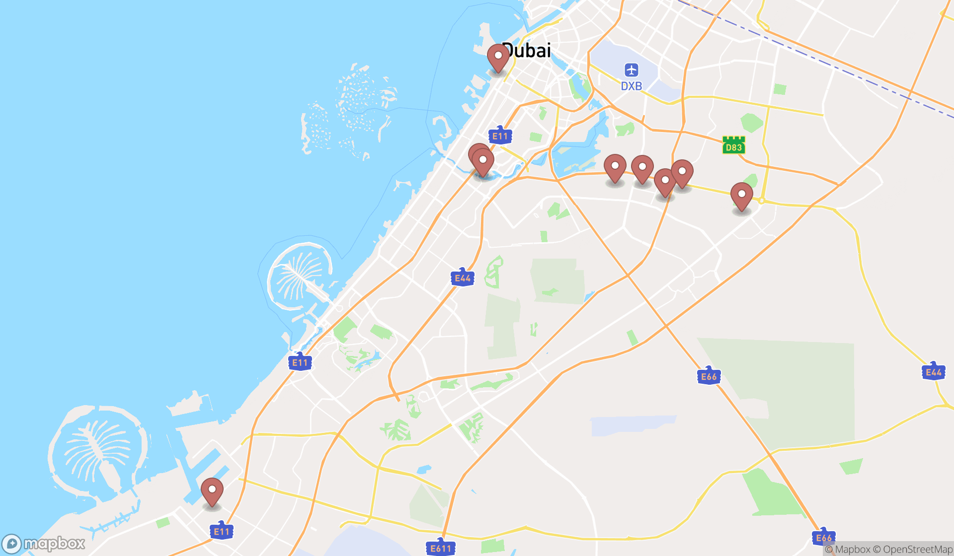 Map showing the search results in Dubai