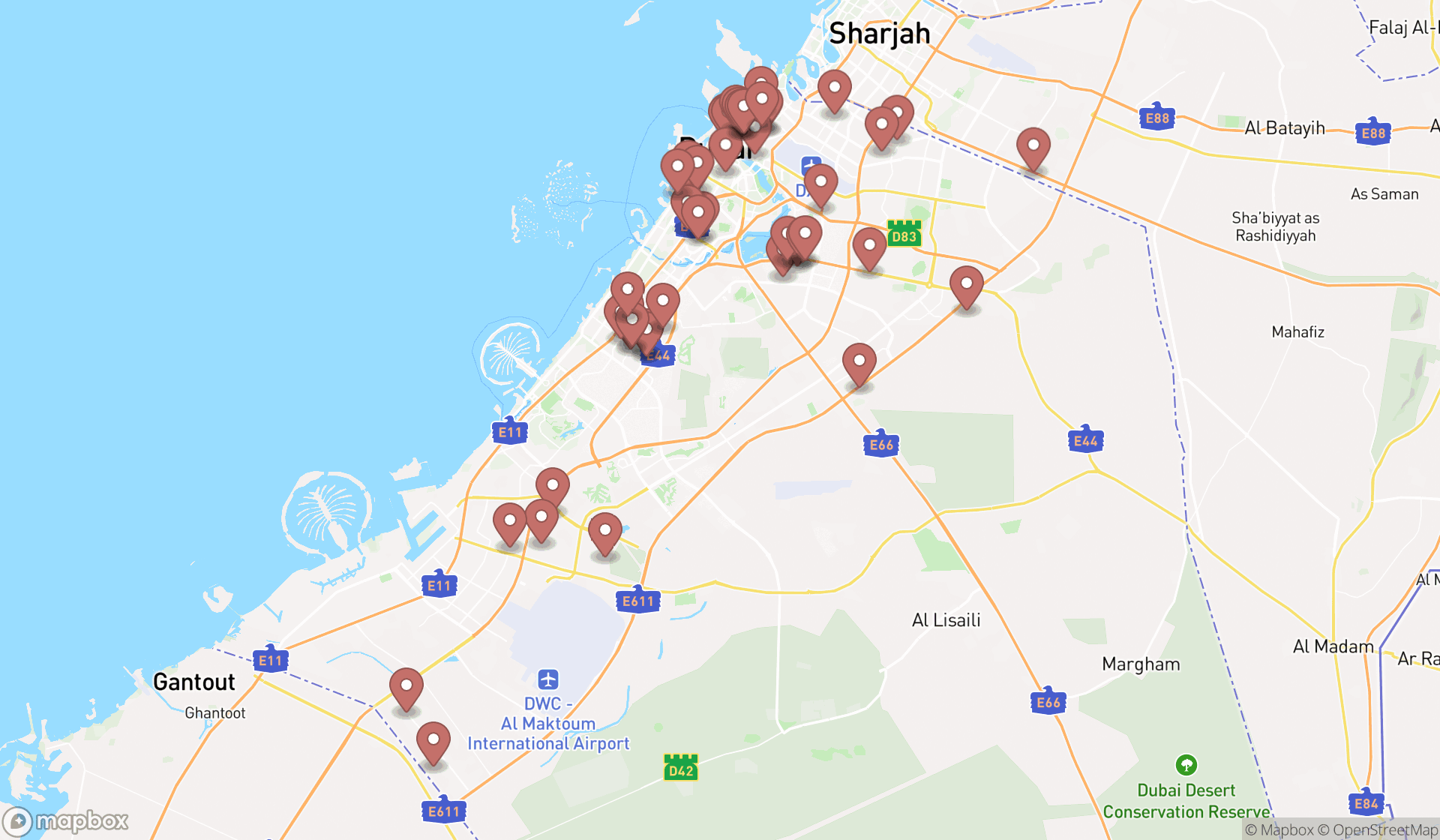 Map showing the search results in Dubai