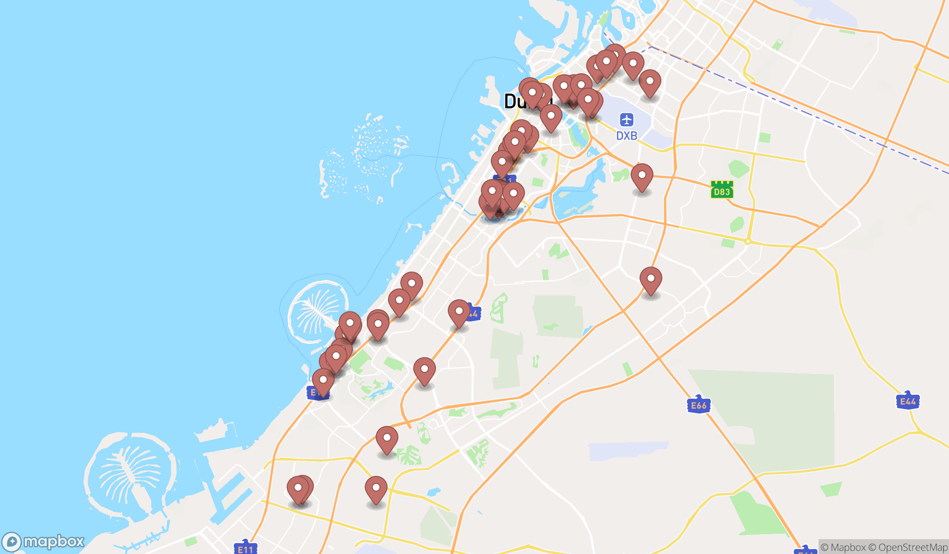 Map showing the search results in Dubai