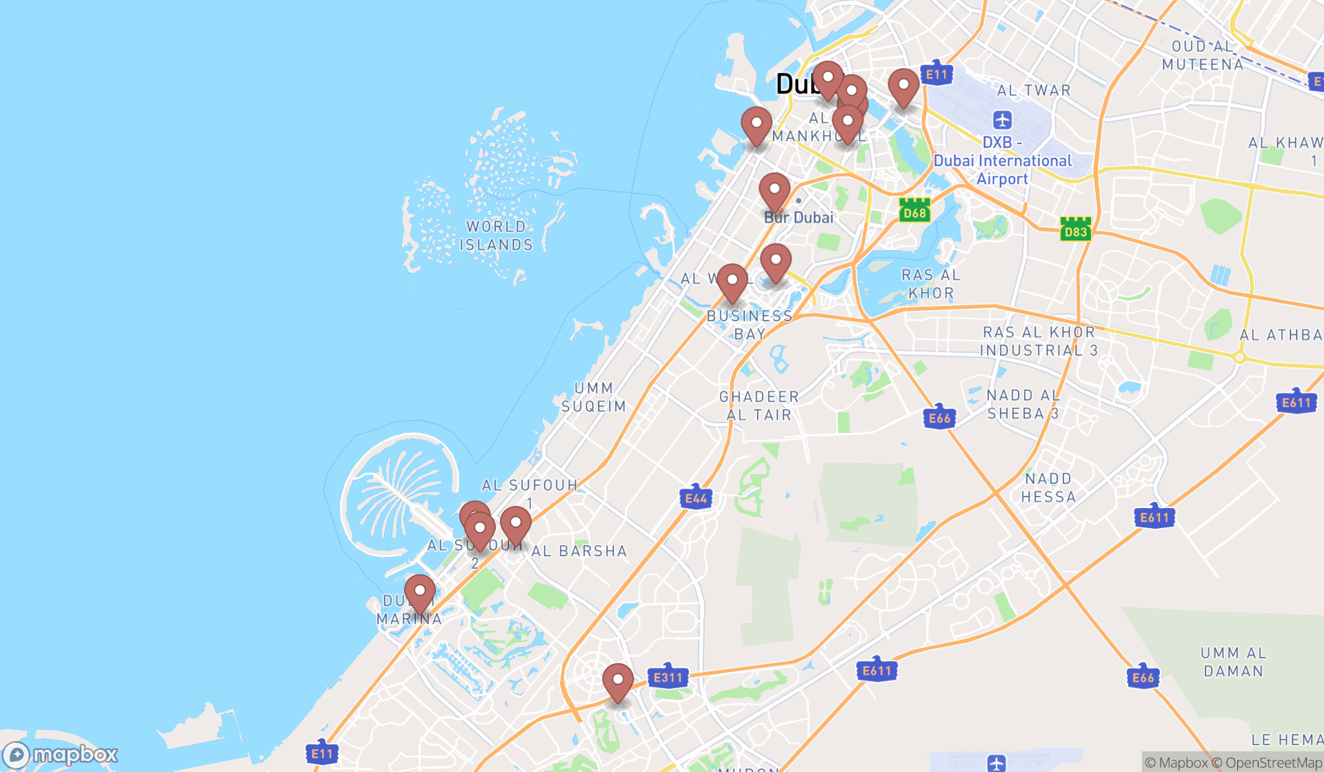 Map showing the search results in Dubai