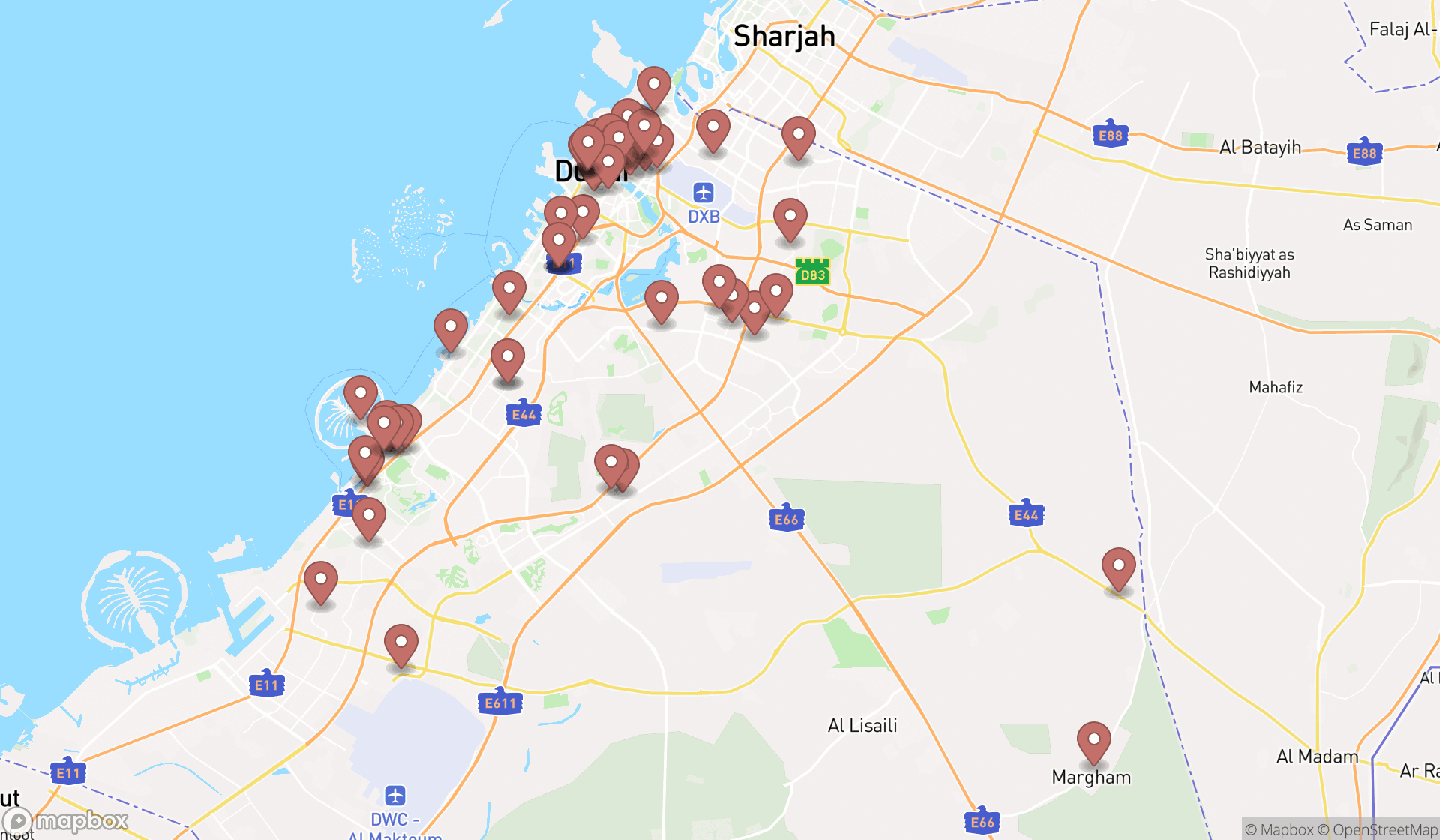 Map showing the search results in Dubai