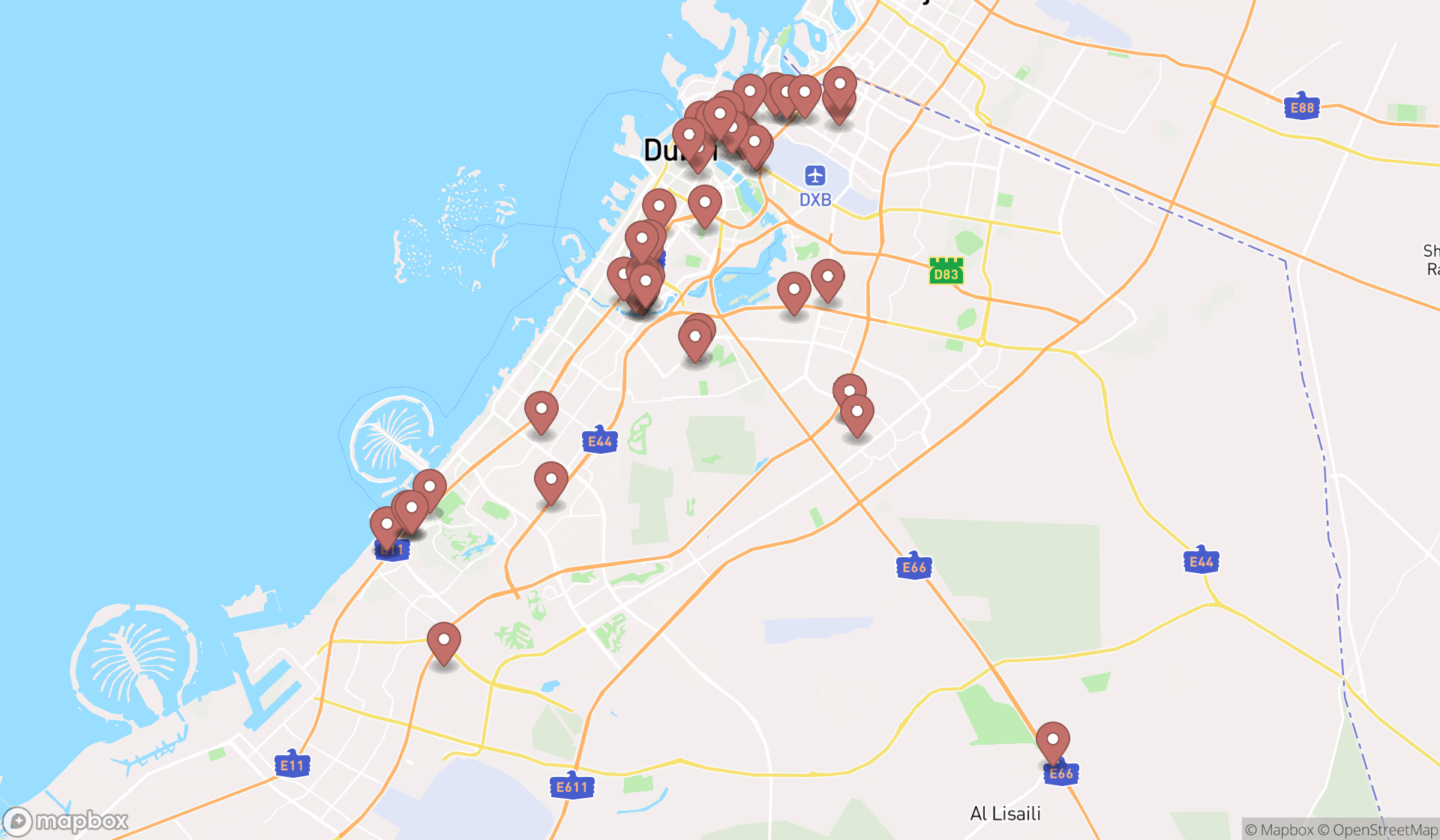 Map showing the search results in Dubai