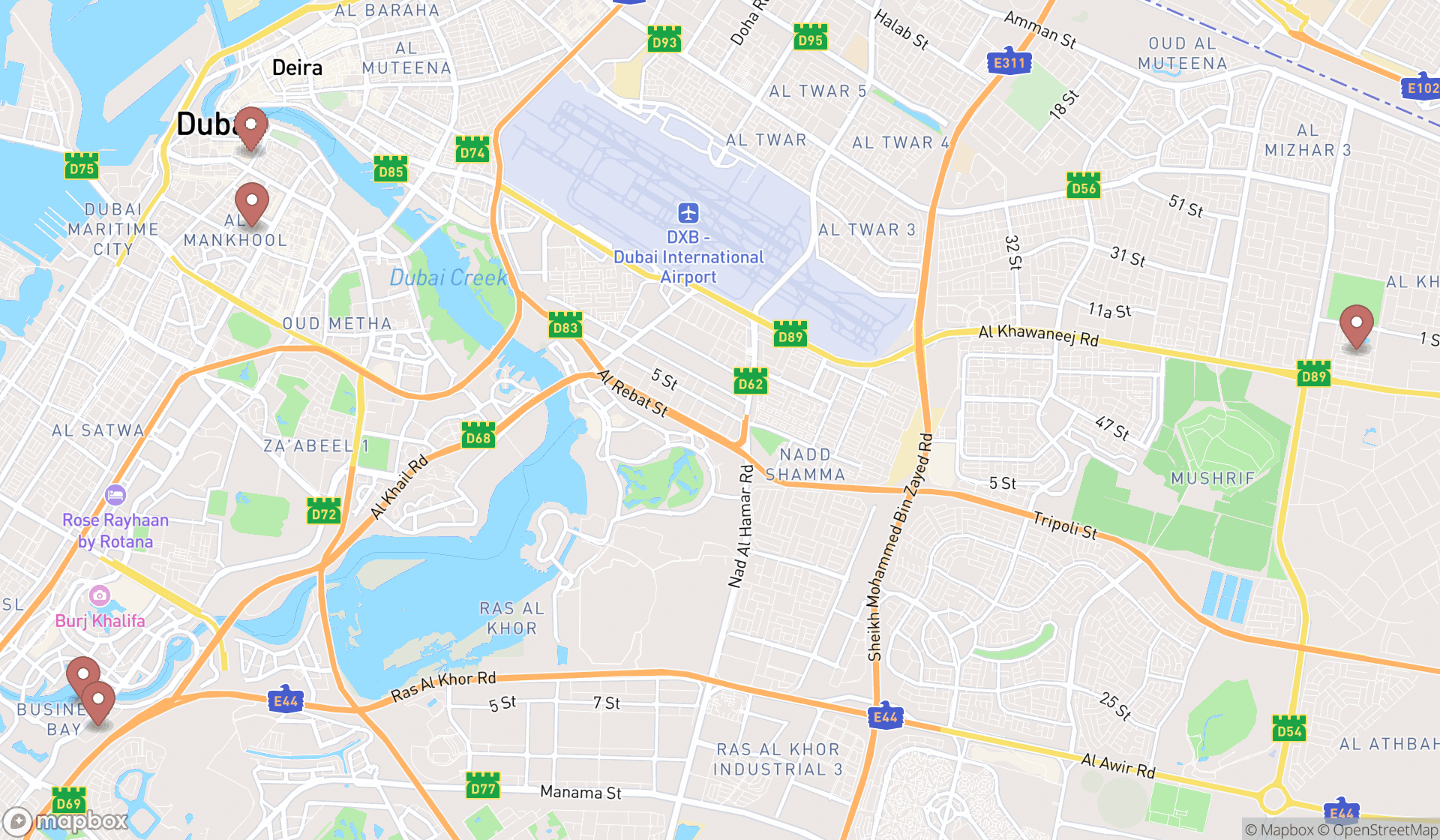 Map showing the search results in Dubai