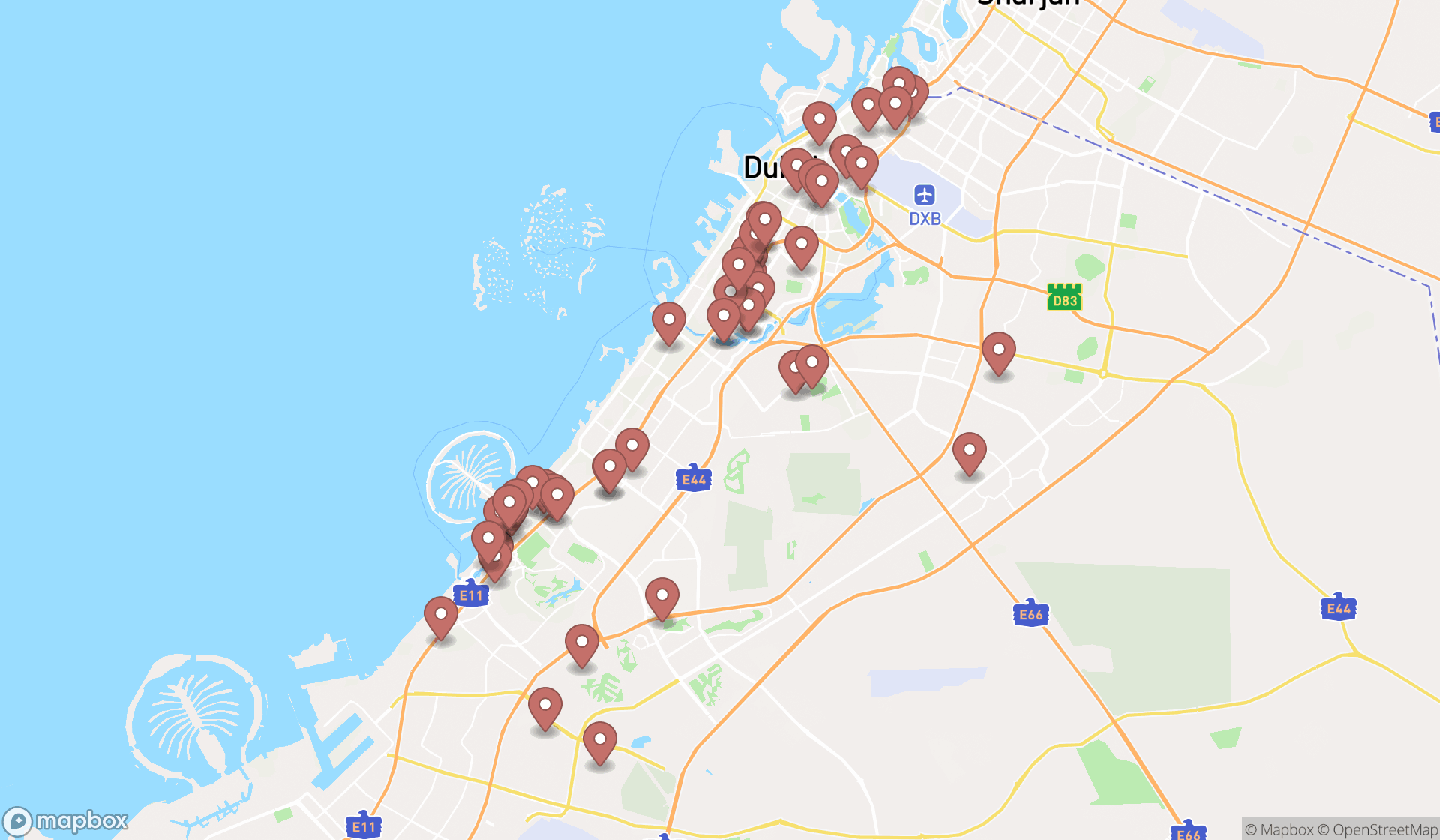 Map showing the search results in Dubai