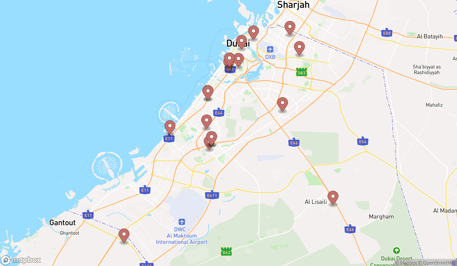 Map showing the search results in Dubai