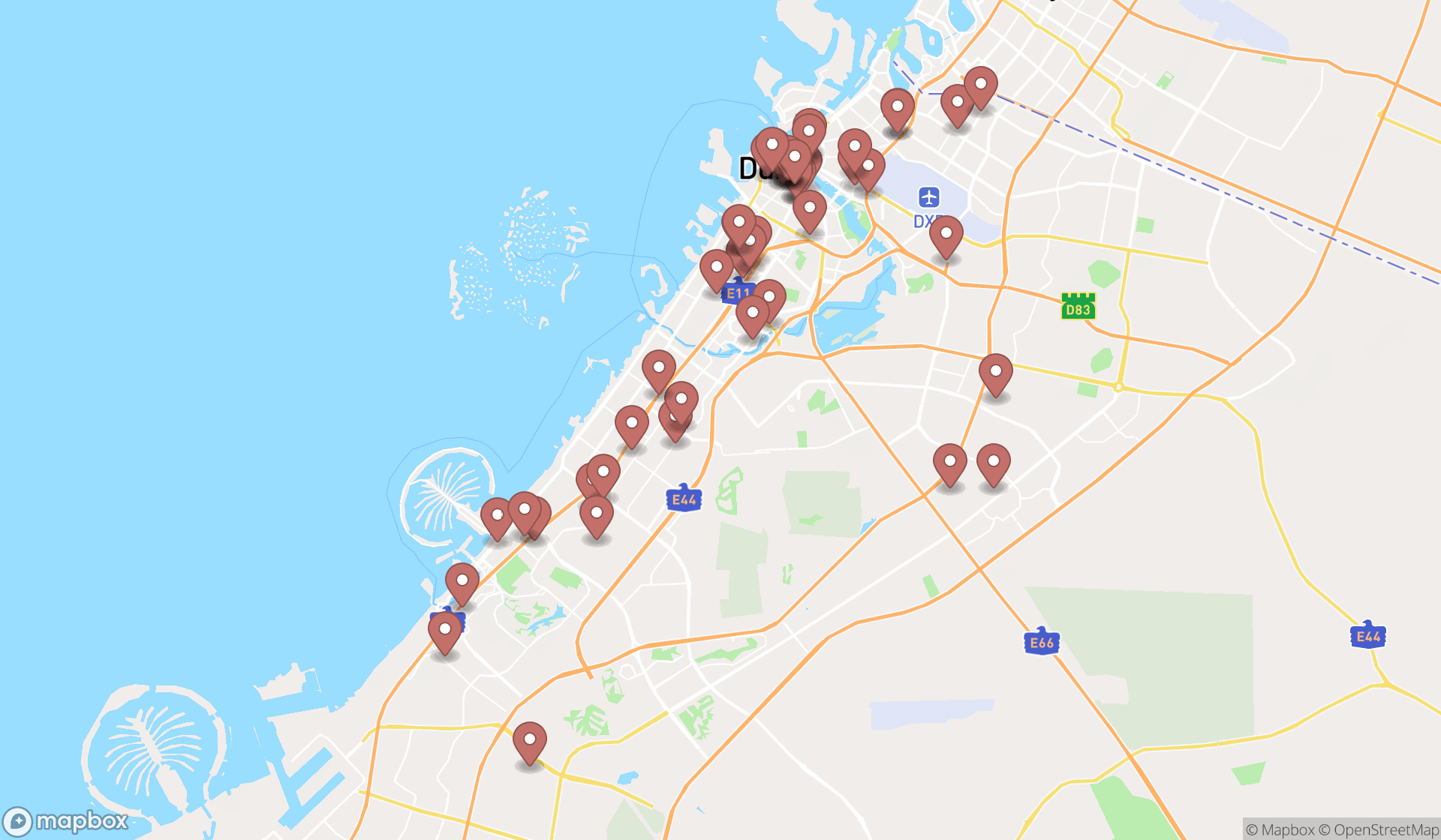 Map showing the search results in Dubai
